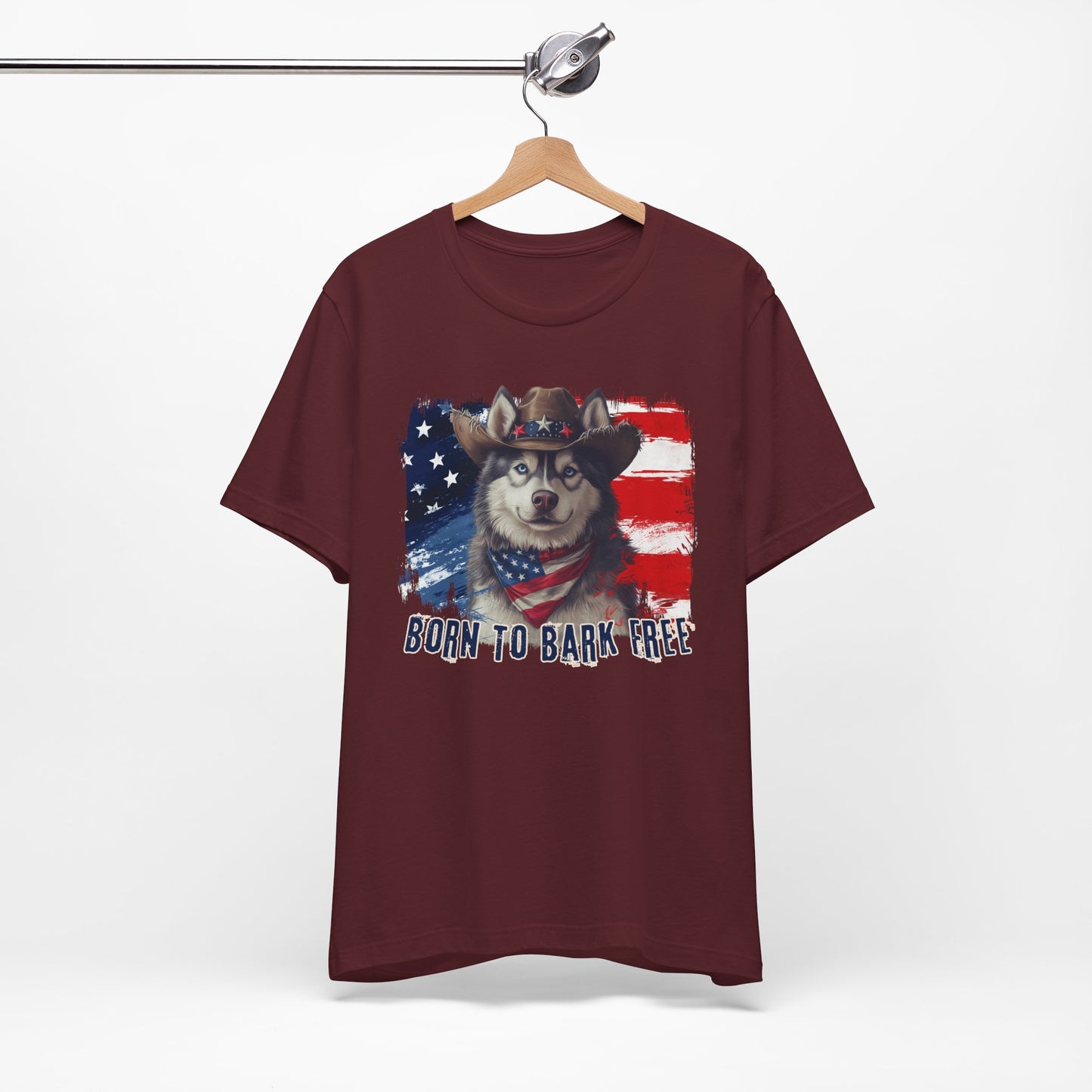 Siberian Husky Patriotic T-Shirt "Born to Bark Free" - Dog-Themed Patriotic Design
