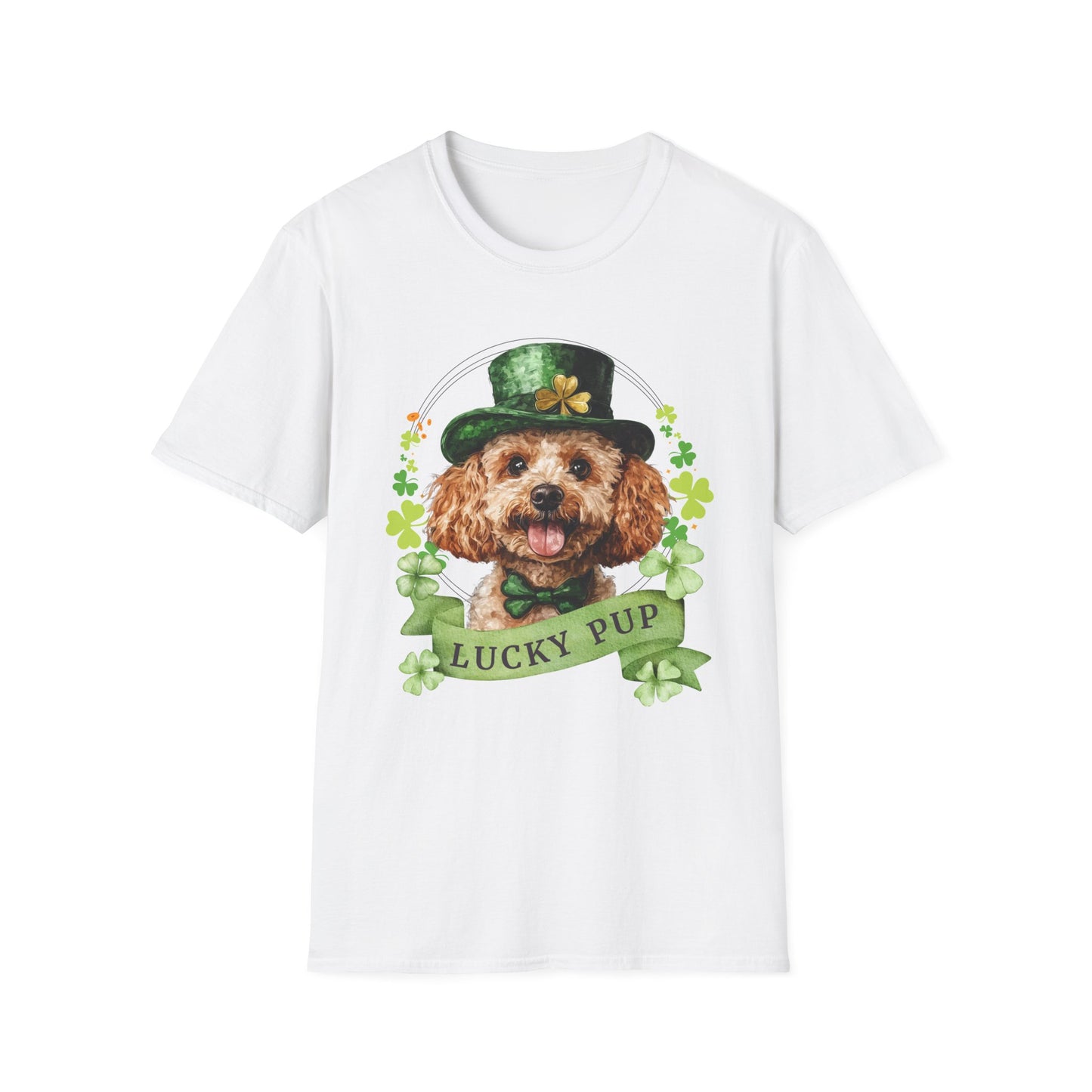 St. Patrick’s Day white t-shirt gift for dog lovers featuring a toy poodle dog with a shamrock garland and festive Irish design
