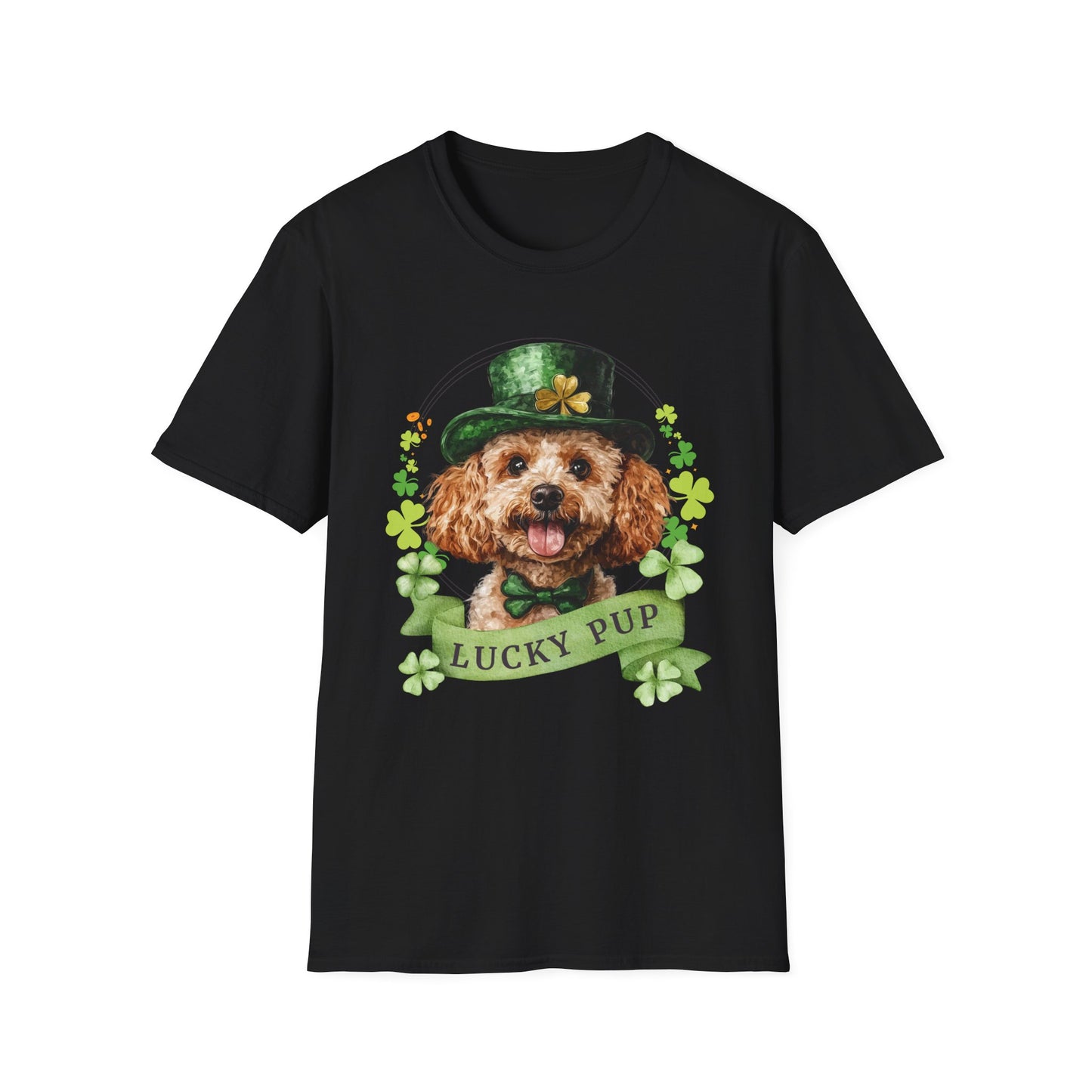 St. Patrick’s Day black t-shirt gift for dog lovers featuring a toy poodle dog with a shamrock garland and festive Irish design