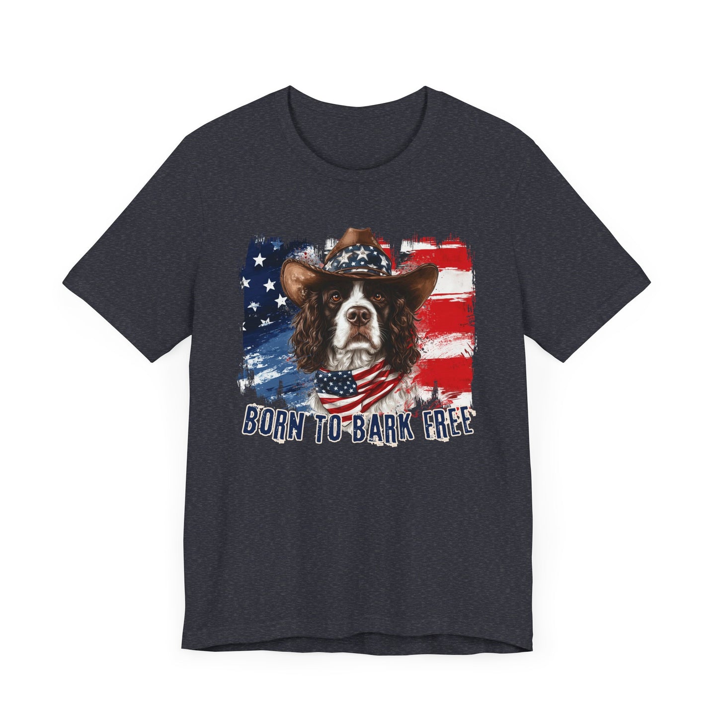 English Springer Spaniel Patriotic T-Shirt "Born to Bark Free" - Dog-Themed Patriotic Design