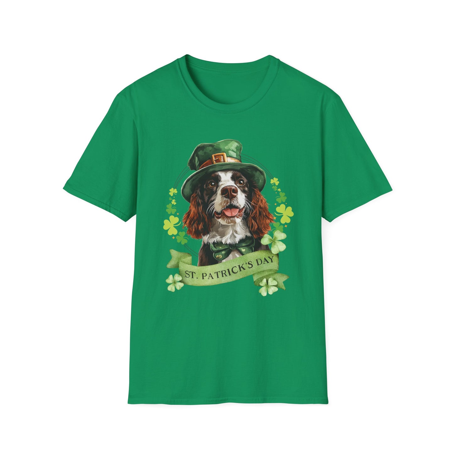 St. Patrick’s Day t-shirt featuring an English springer spaniel dog with a shamrock garland and festive Irish design