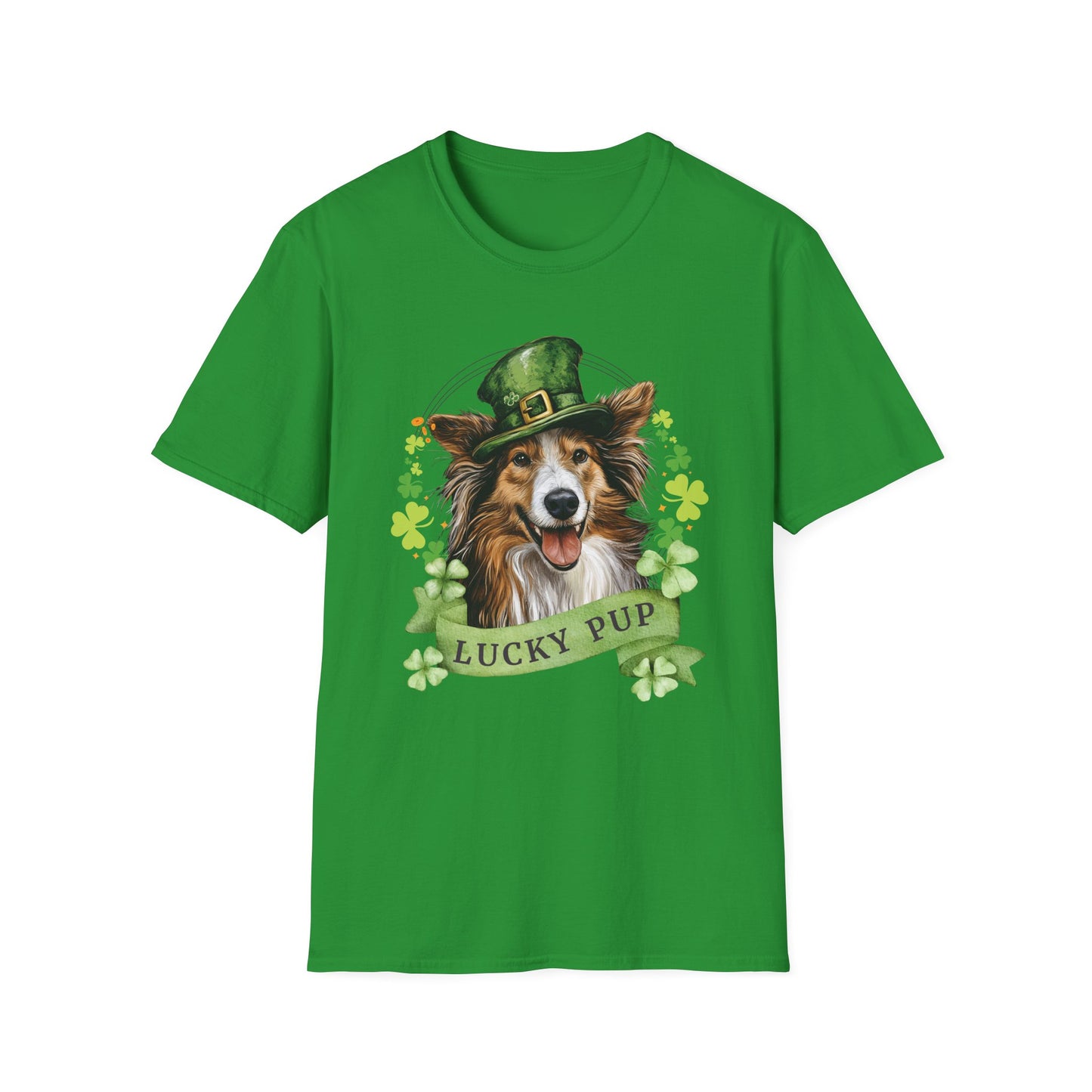 irish green St. Patrick’s Day t-shirt featuring a Shetland sheepdog dog with a shamrock garland and festive Irish design