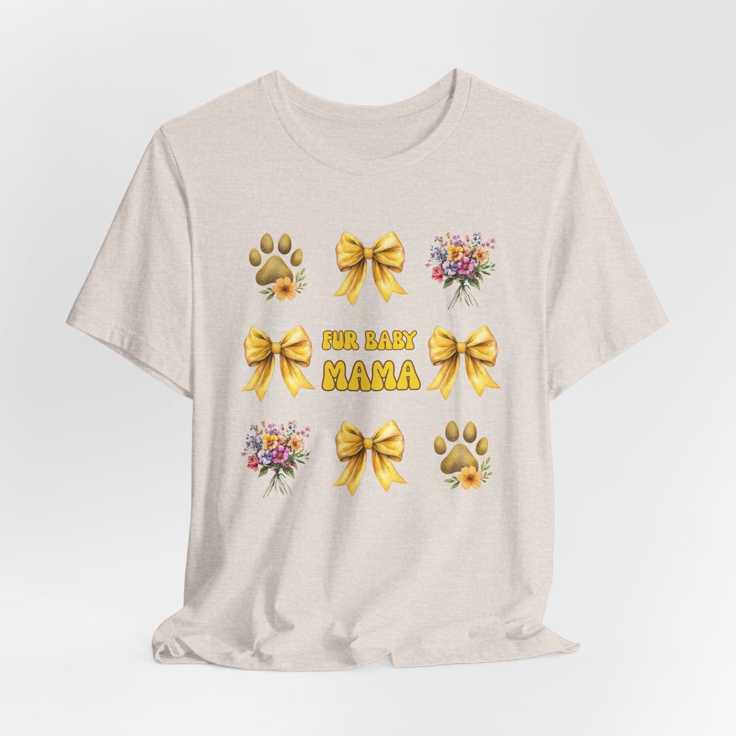 Fur Baby Mama T-Shirt – Soft Cotton Tee with Yellow Bows – Gift for Pet Moms