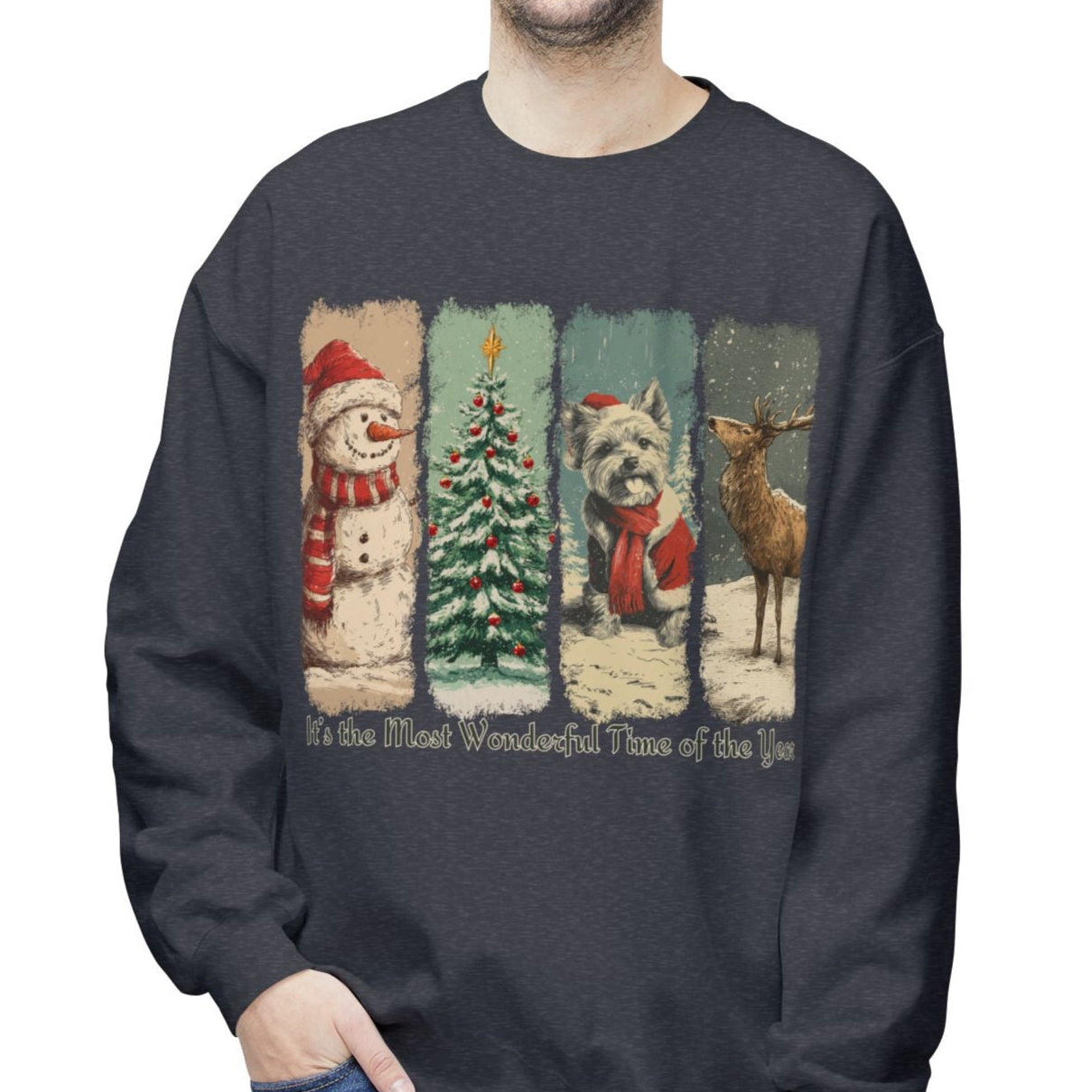 Man wearing a dark gray sweatshirt with Christmas-themed design on a white background