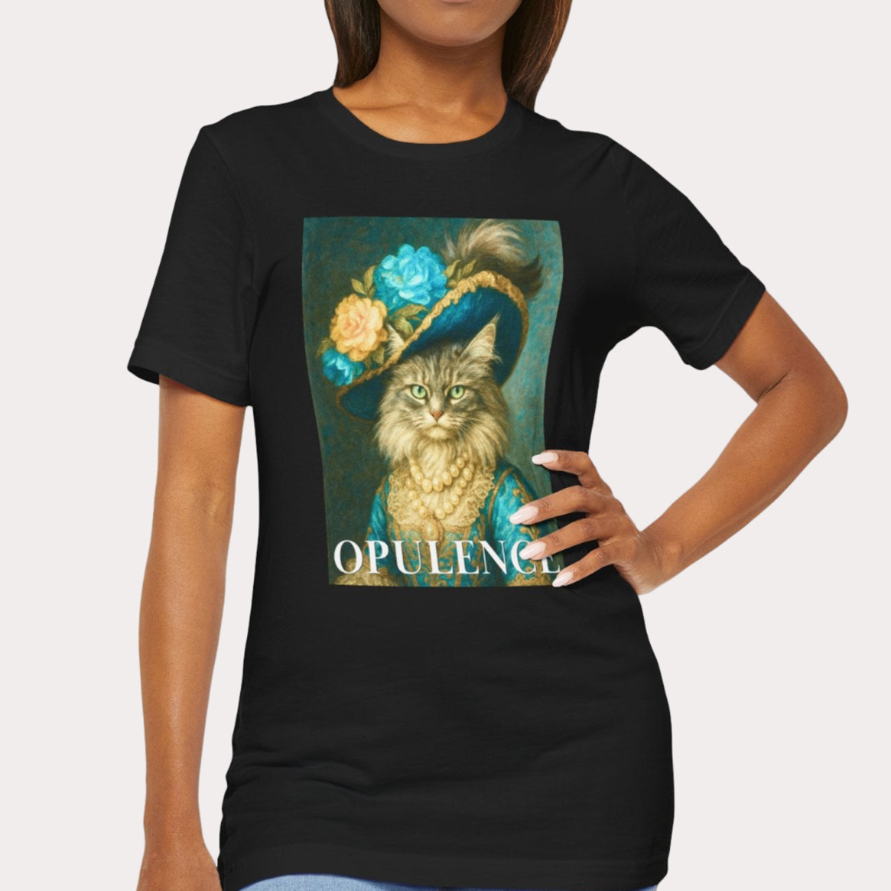 Woman wearing a black t-shirt with a cat graphic and 'Opulence' text on a white background