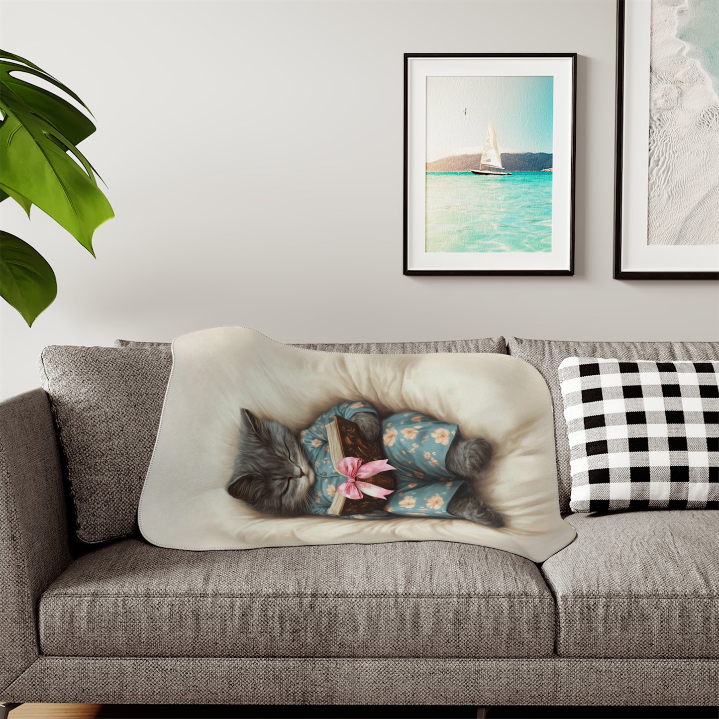 Comfort Zone - Cozy Cat Reading Blanket – Custom Sherpa Throw, Beige - Horizontal