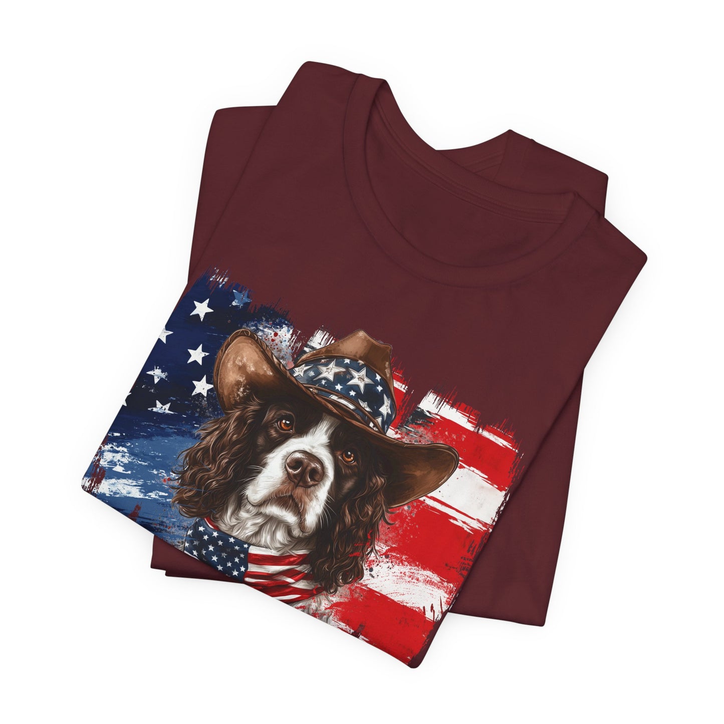 English Springer Spaniel Patriotic T-Shirt "Born to Bark Free" - Dog-Themed Patriotic Design
