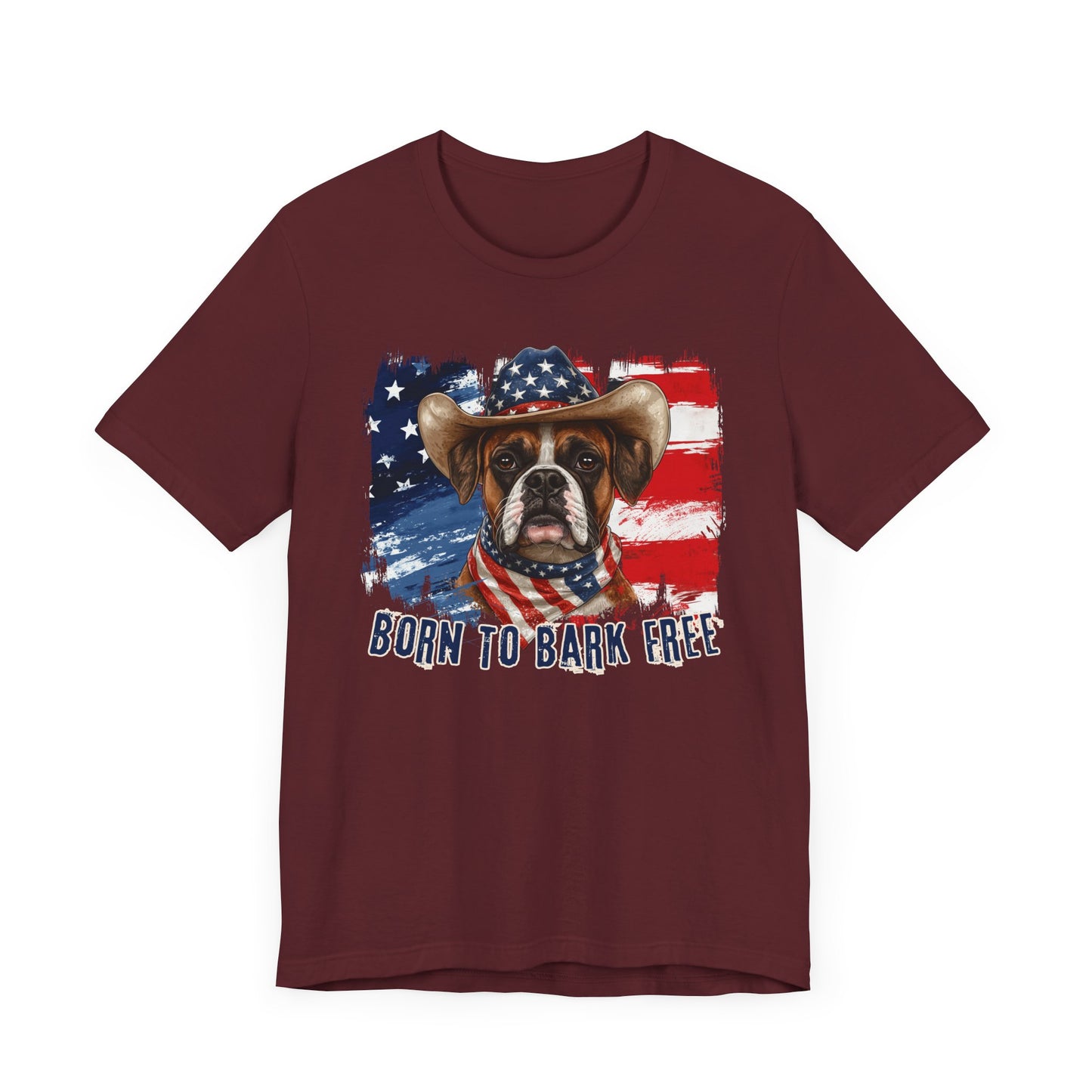 Boxer Patriotic T-Shirt "Born to Bark Free" - Dog-Themed Patriotic Design