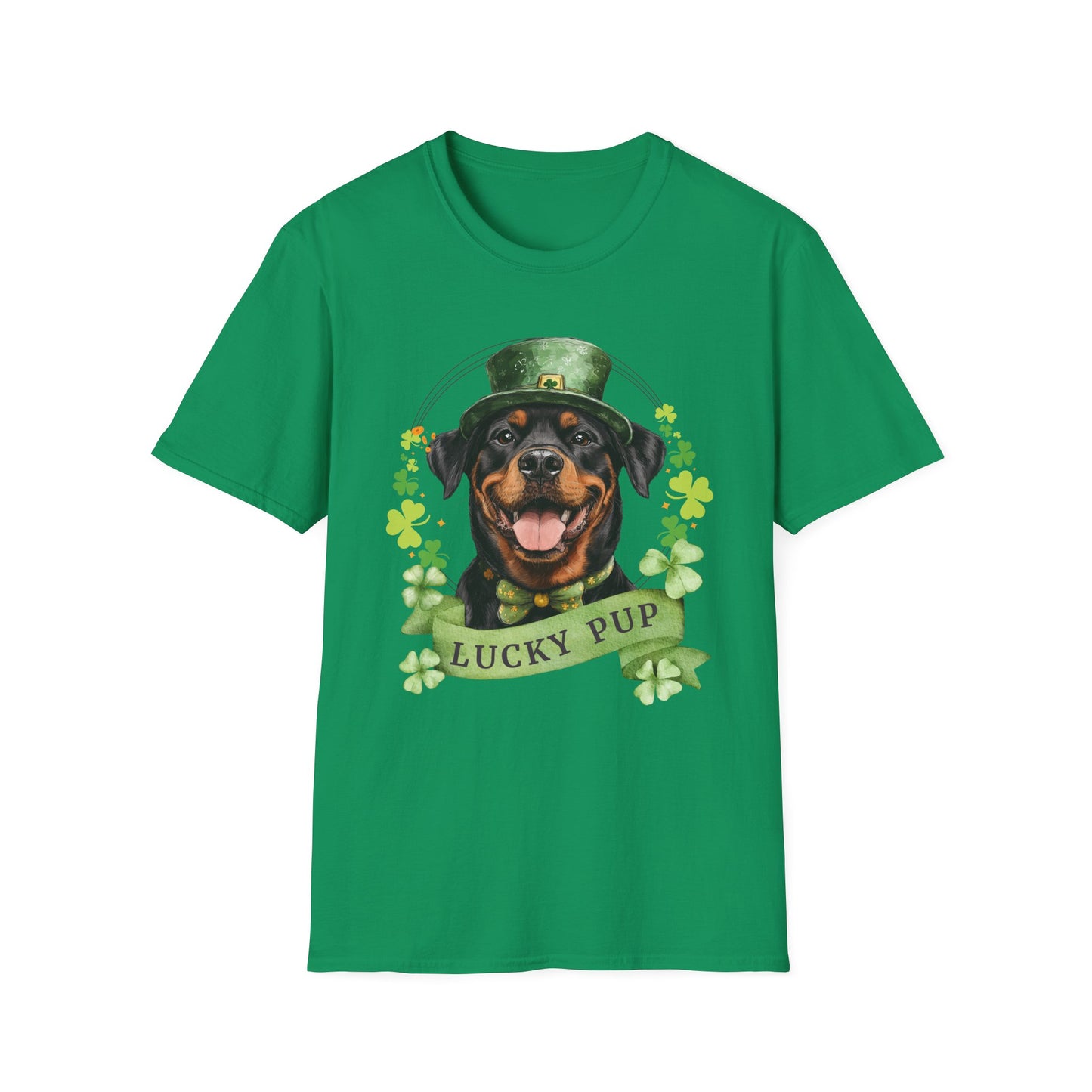 St. Patrick’s Day kelly green t-shirt gift for dog lovers featuring a Rottweiler dog with a shamrock garland and festive Irish design