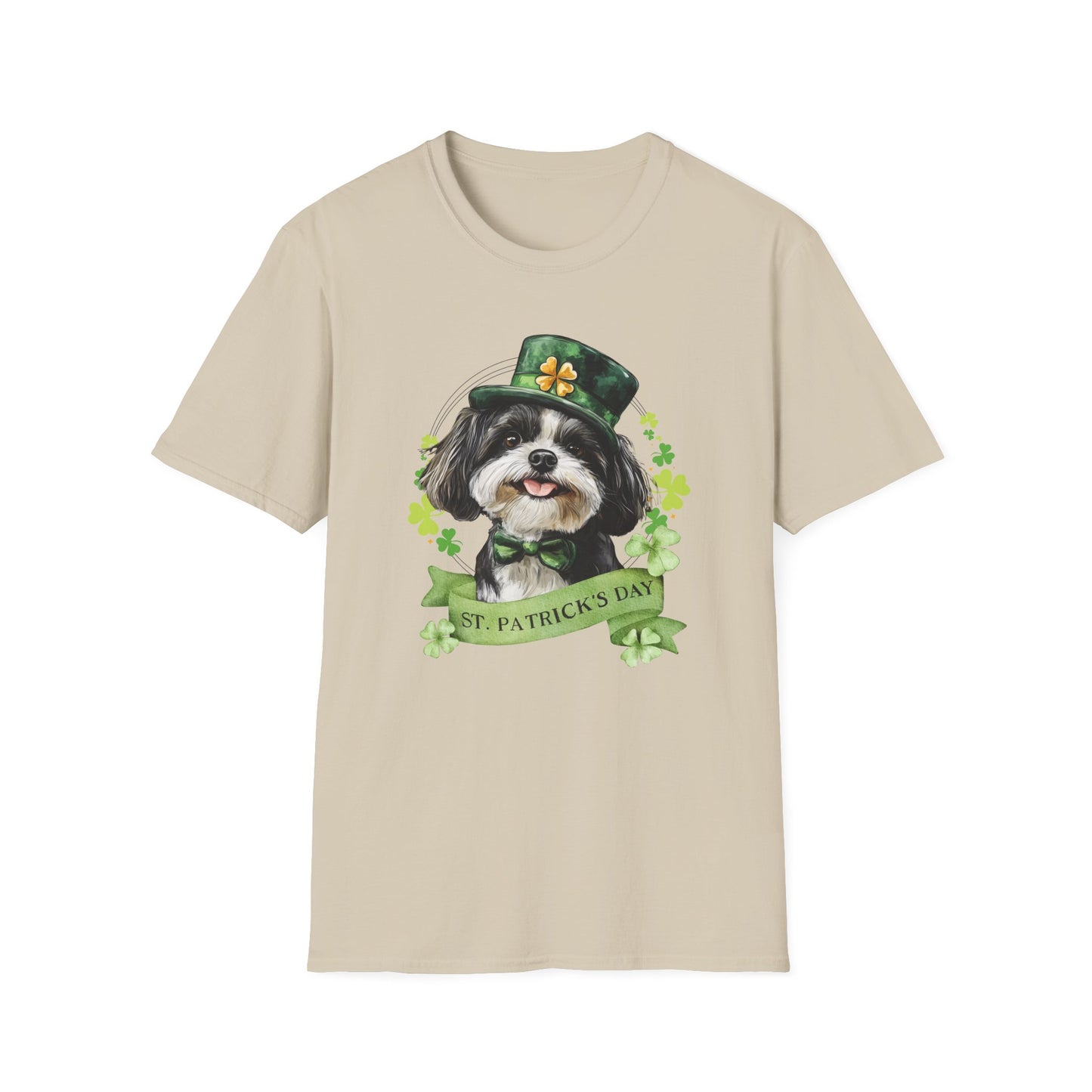 St. Patrick’s Day sand t-shirt featuring a shih tzu dog with a shamrock garland and festive Irish design