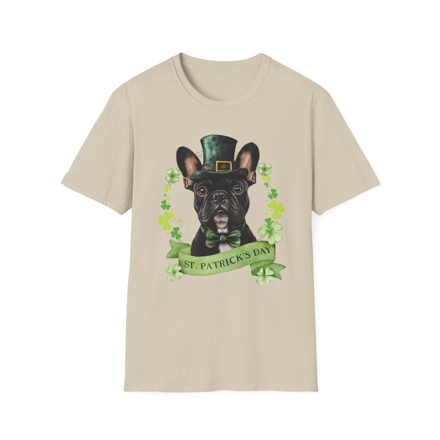 sand St. Patrick’s Day t-shirt featuring French Bulldog with a shamrock garland and festive Irish design