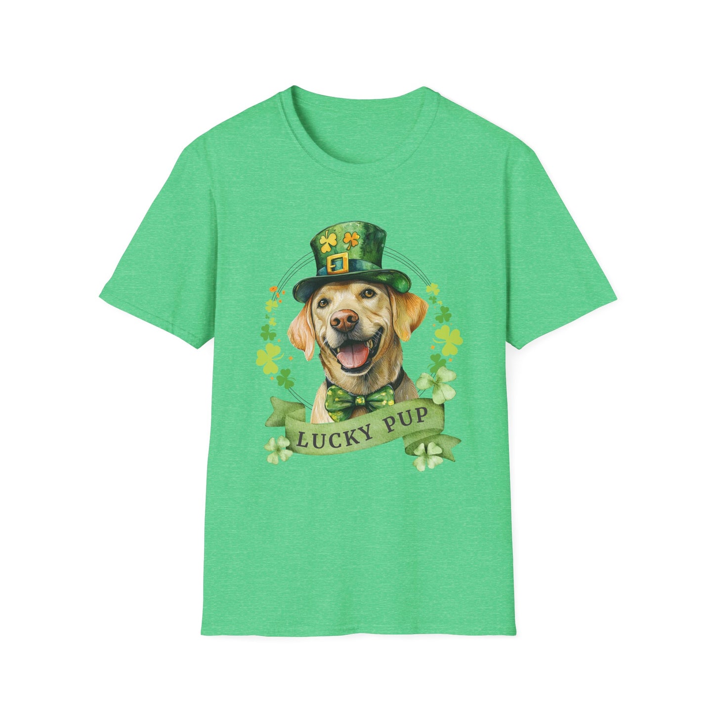 St. Patrick’s Day t-shirt featuring a yellow labrador retriever dog with a shamrock garland and festive Irish design kelly green heather