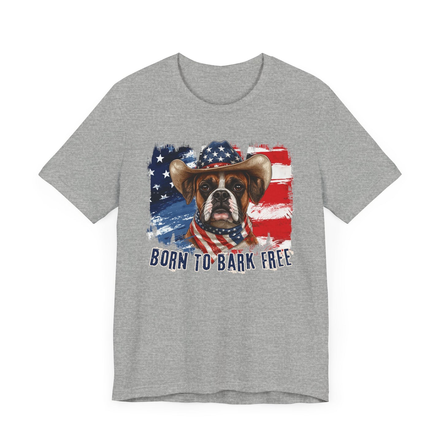 Boxer Patriotic T-Shirt "Born to Bark Free" - Dog-Themed Patriotic Design