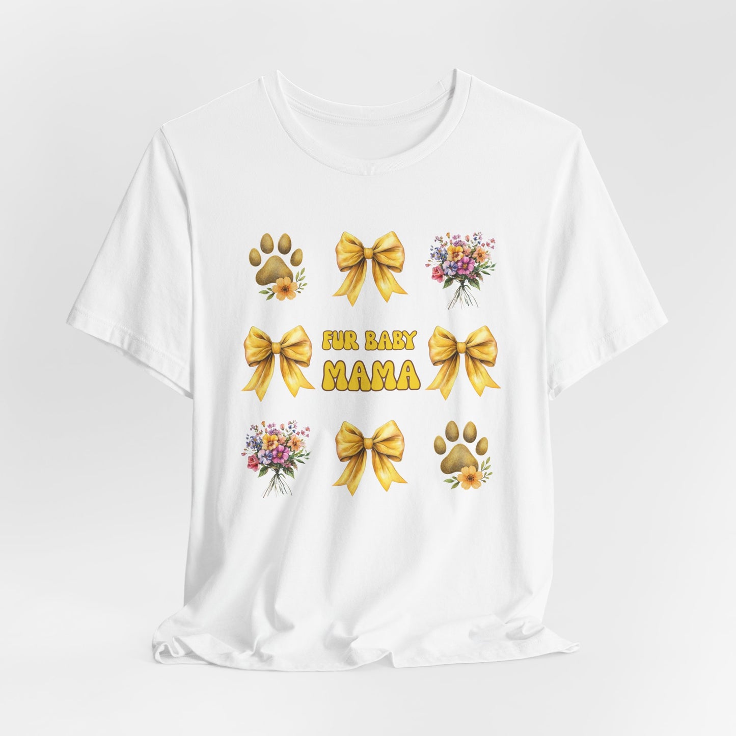 Fur Baby Mama T-Shirt – Soft Cotton Tee with Yellow Bows – Gift for Pet Moms