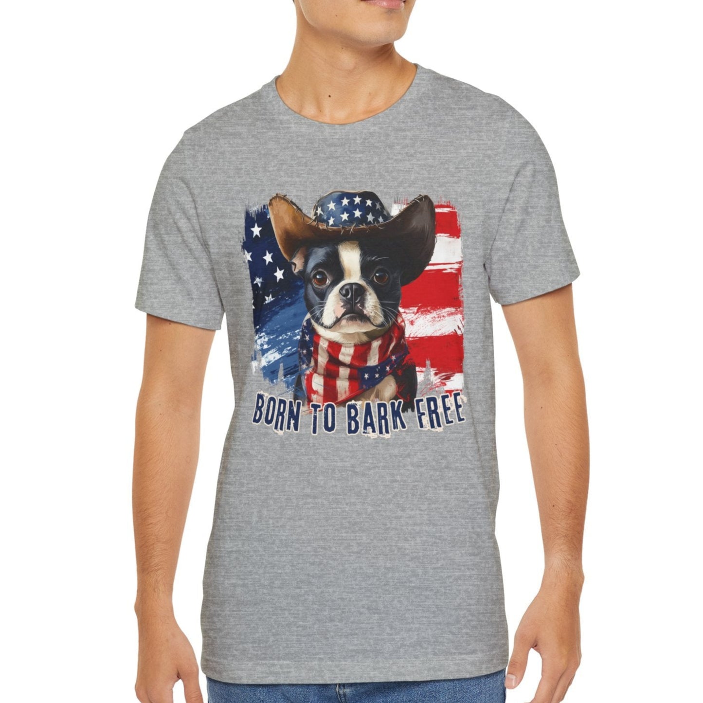 Boston Terrier Patriotic T-Shirt "Born to Bark Free" - Dog-Themed Patriotic Design