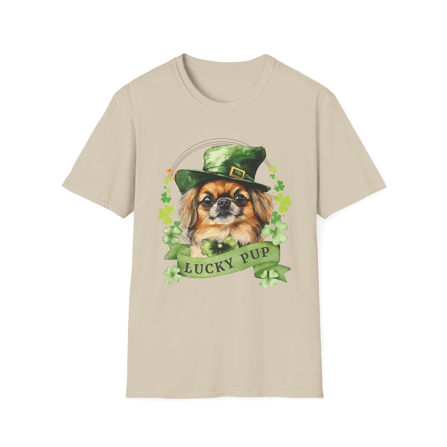 St. Patrick’s Day sand t-shirt gift for dog lovers featuring a Pekingese dog with a shamrock garland and festive Irish design