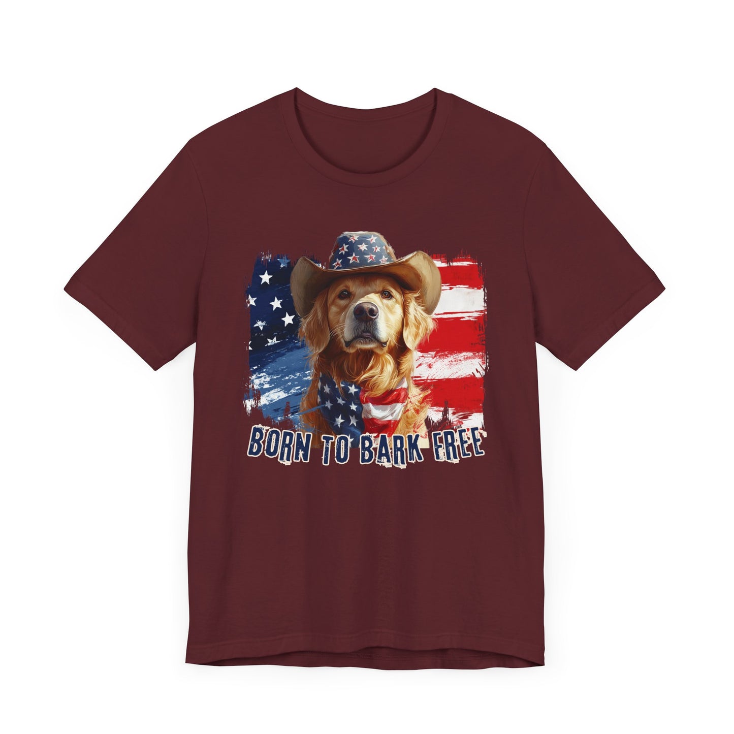 Golden Retriever Patriotic T-Shirt "Born to Bark Free" - Dog-Themed Patriotic Design