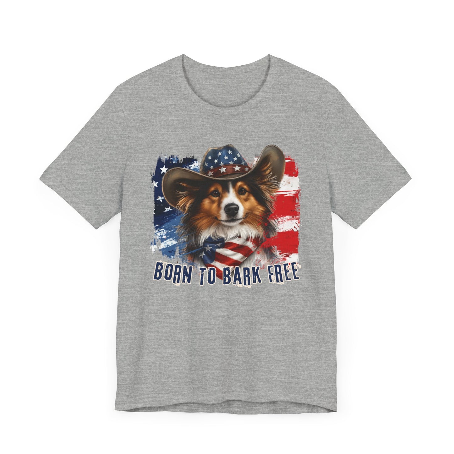 Sheltie Patriotic T-Shirt "Born to Bark Free" - Dog-Themed Patriotic Design