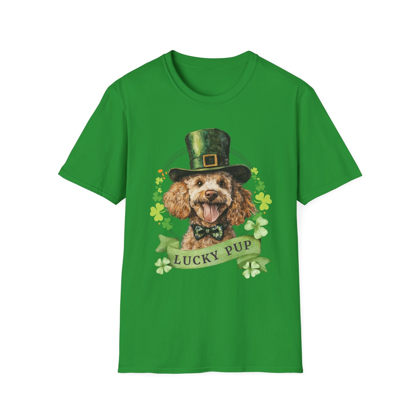 St. Patrick’s Day irish green t-shirt featuring a Poodle dog with a shamrock garland and festive Irish design