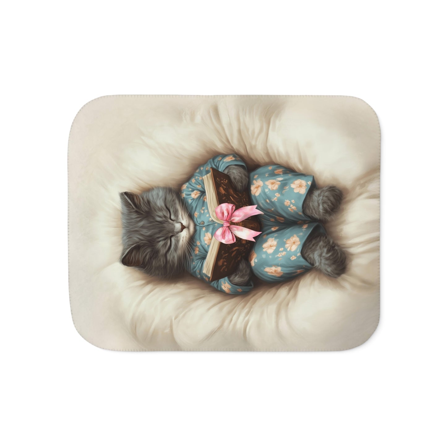 Comfort Zone - Personalized Grey Cat Reading Blanket, Vertical Design – Custom Sherpa Throw, Beige