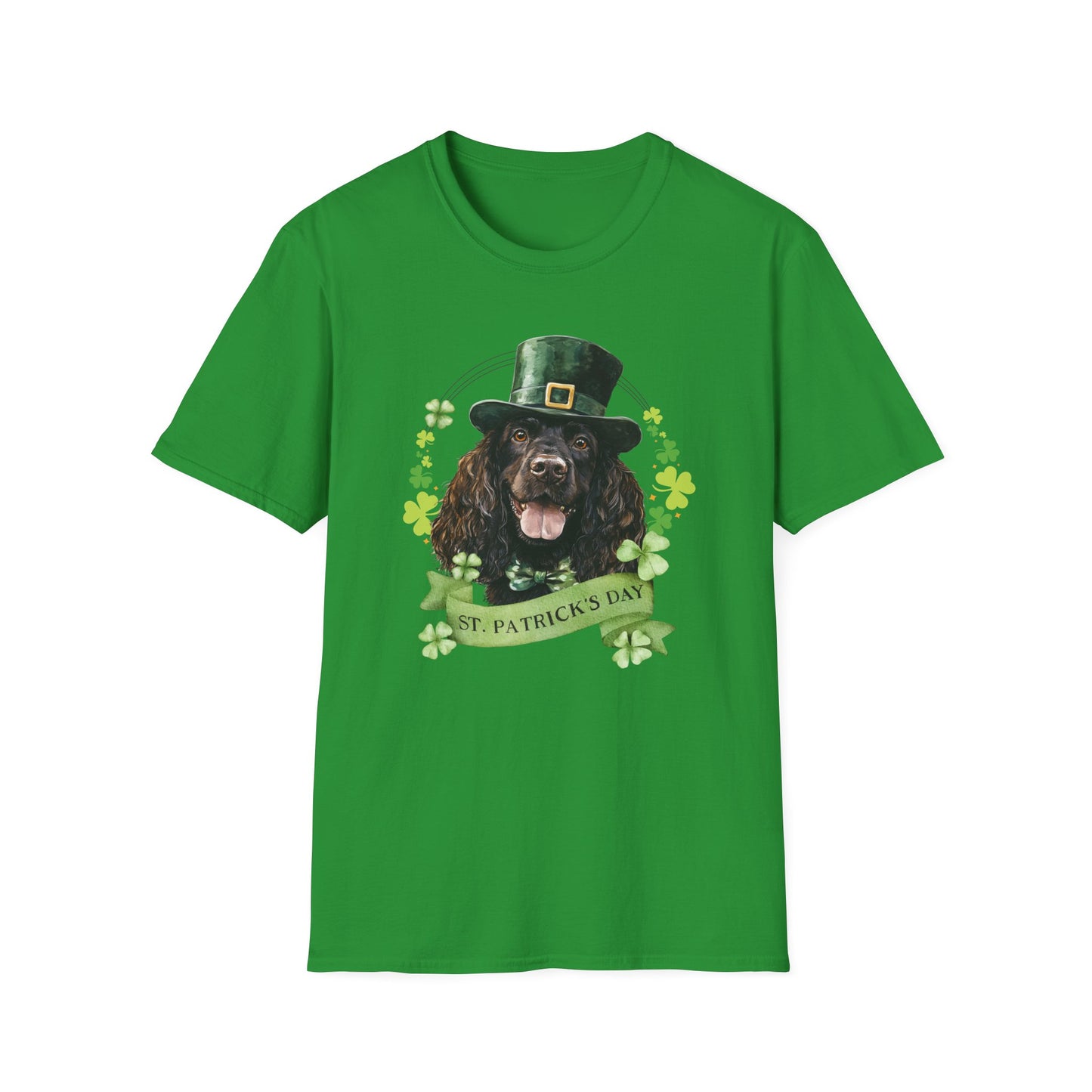 St. Patrick’s Day t-shirt featuring an Irish Water Spaniel with a shamrock garland and festive Irish design