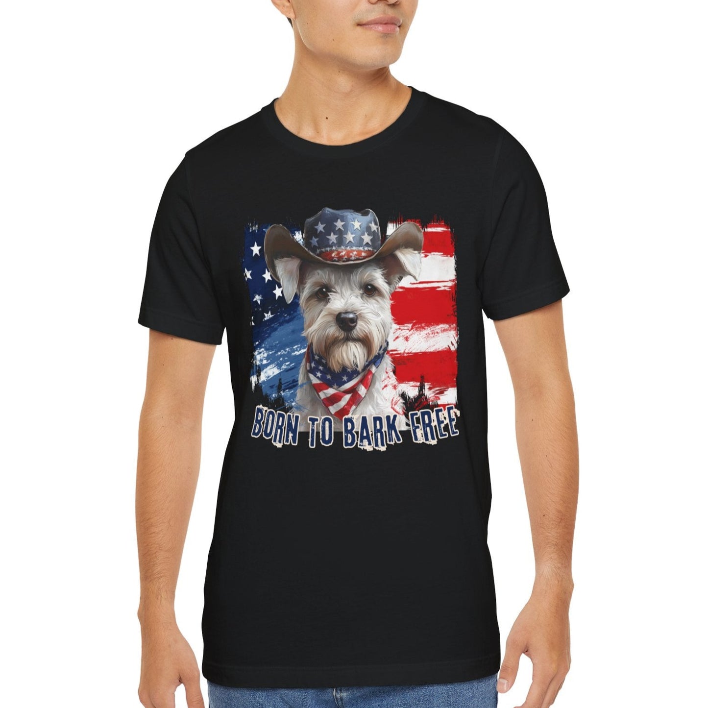 White Schnauzer Patriotic T-Shirt "Born to Bark Free" - Dog-Themed Patriotic Design