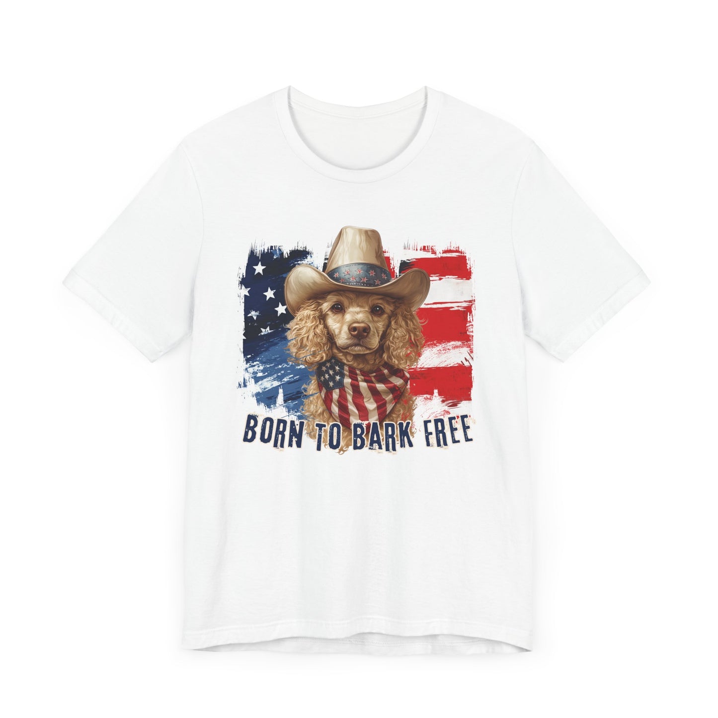 Yellow Poodle Patriotic T-Shirt "Born to Bark Free" - Dog-Themed Patriotic Design