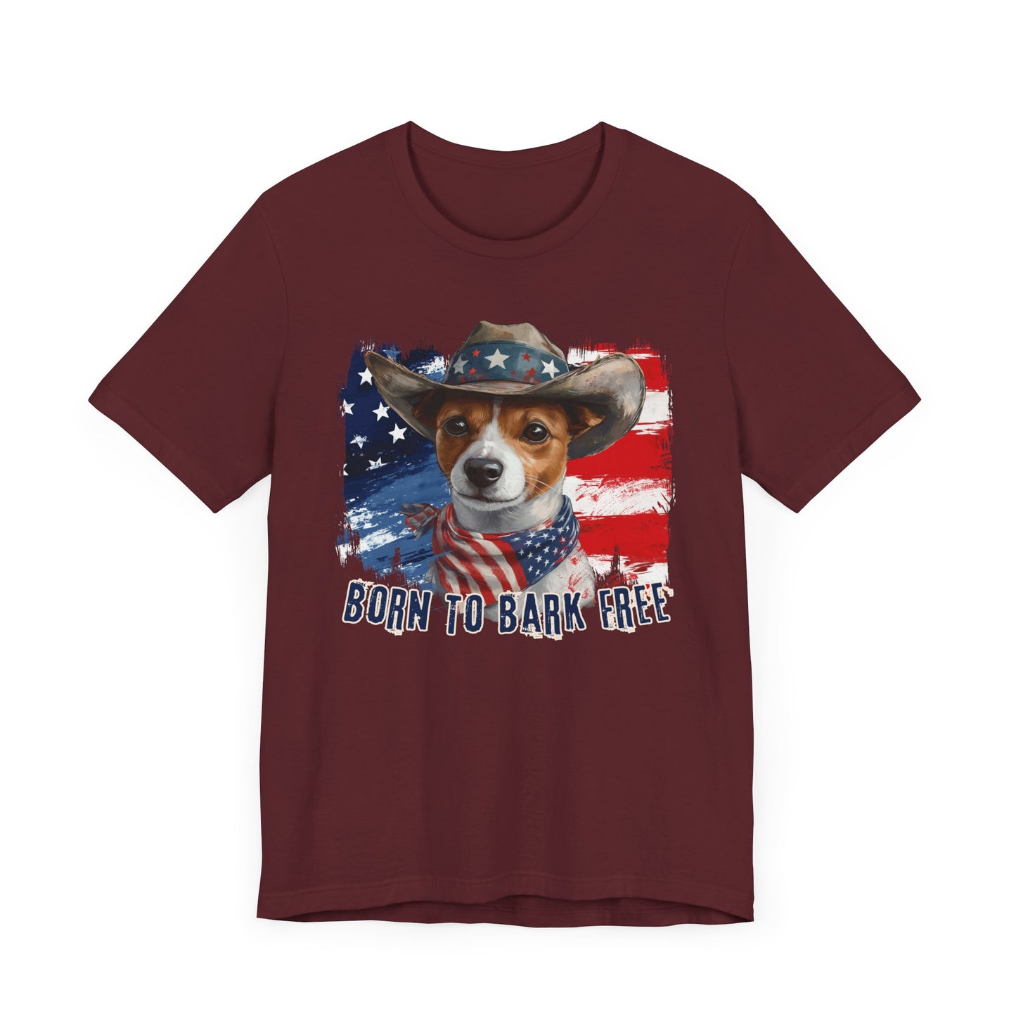 Jack Russel Patriotic T-Shirt "Born to Bark Free" - Dog-Themed Patriotic Design