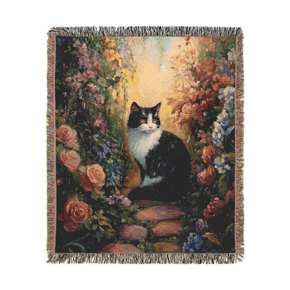 Black and White Cat in an Enchanted Garden – Woven Blanket - Floral Cat Design for Home Comfort - Customization available