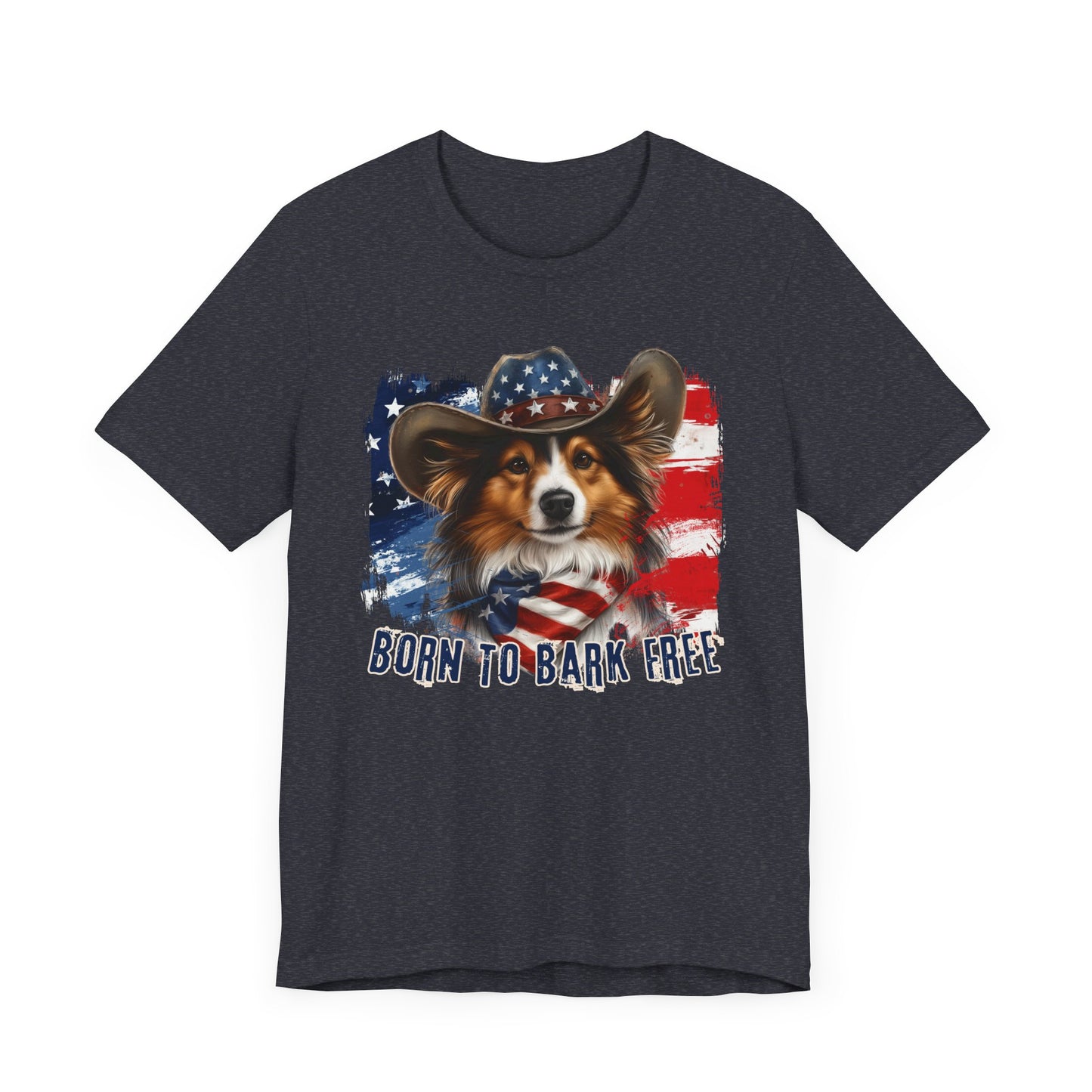 Sheltie Patriotic T-Shirt "Born to Bark Free" - Dog-Themed Patriotic Design