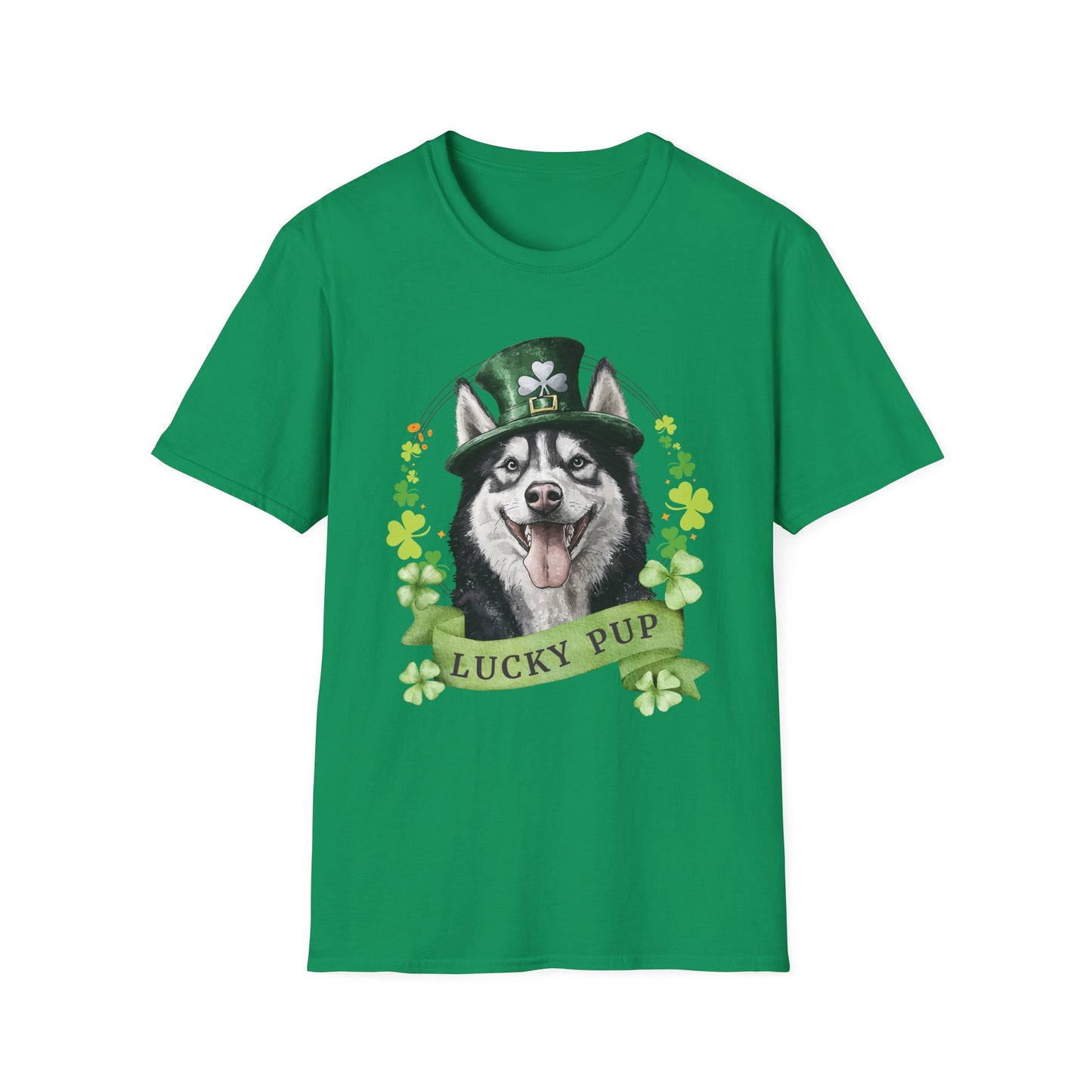 St. Patrick’s Day t-shirt gift for dog lovers featuring Siberian Husky dog with a shamrock garland and festive Irish design, kelly green