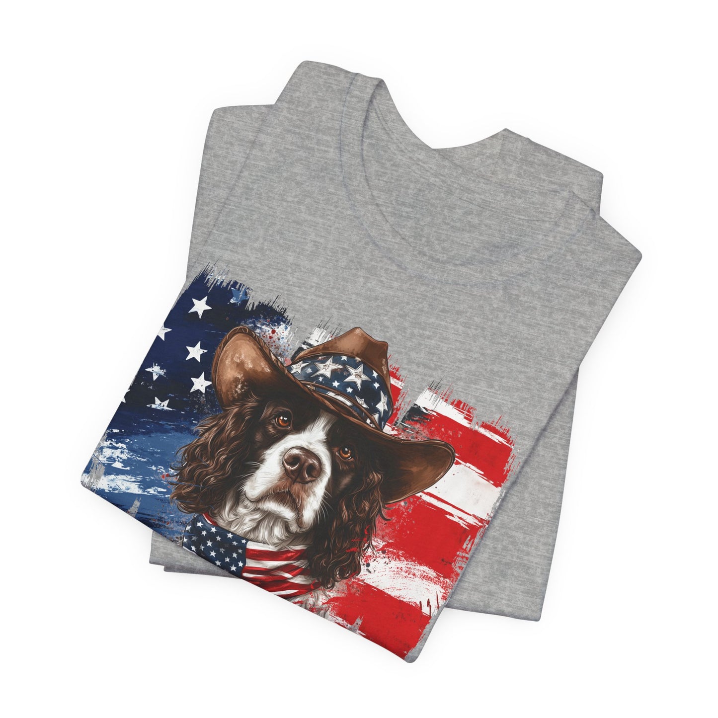 English Springer Spaniel Patriotic T-Shirt "Born to Bark Free" - Dog-Themed Patriotic Design