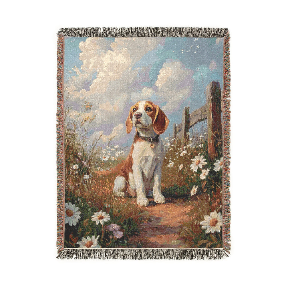 Beagle sitting along a countryside – Woven Blanket - Floral Dog Design for Home Comfort
