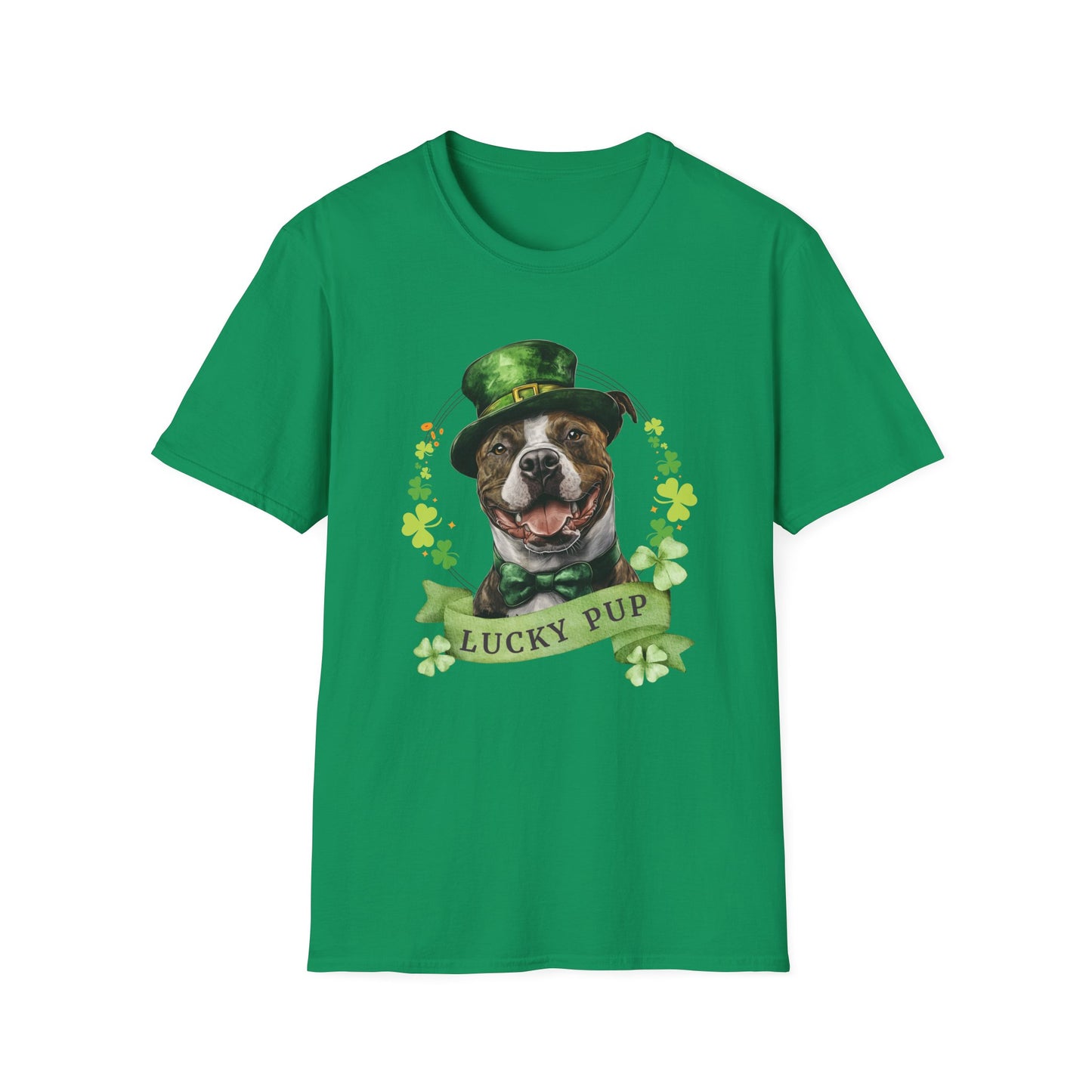 St. Patrick’s Day kelly green t-shirt featuring a stafforshire bull terrier with a shamrock garland and festive Irish design