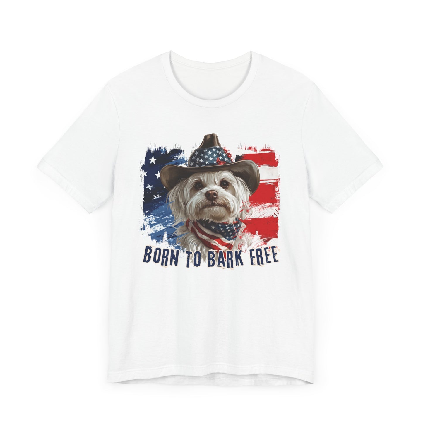 Maltese Patriotic T-Shirt "Born to Bark Free" - Dog-Themed Patriotic Design