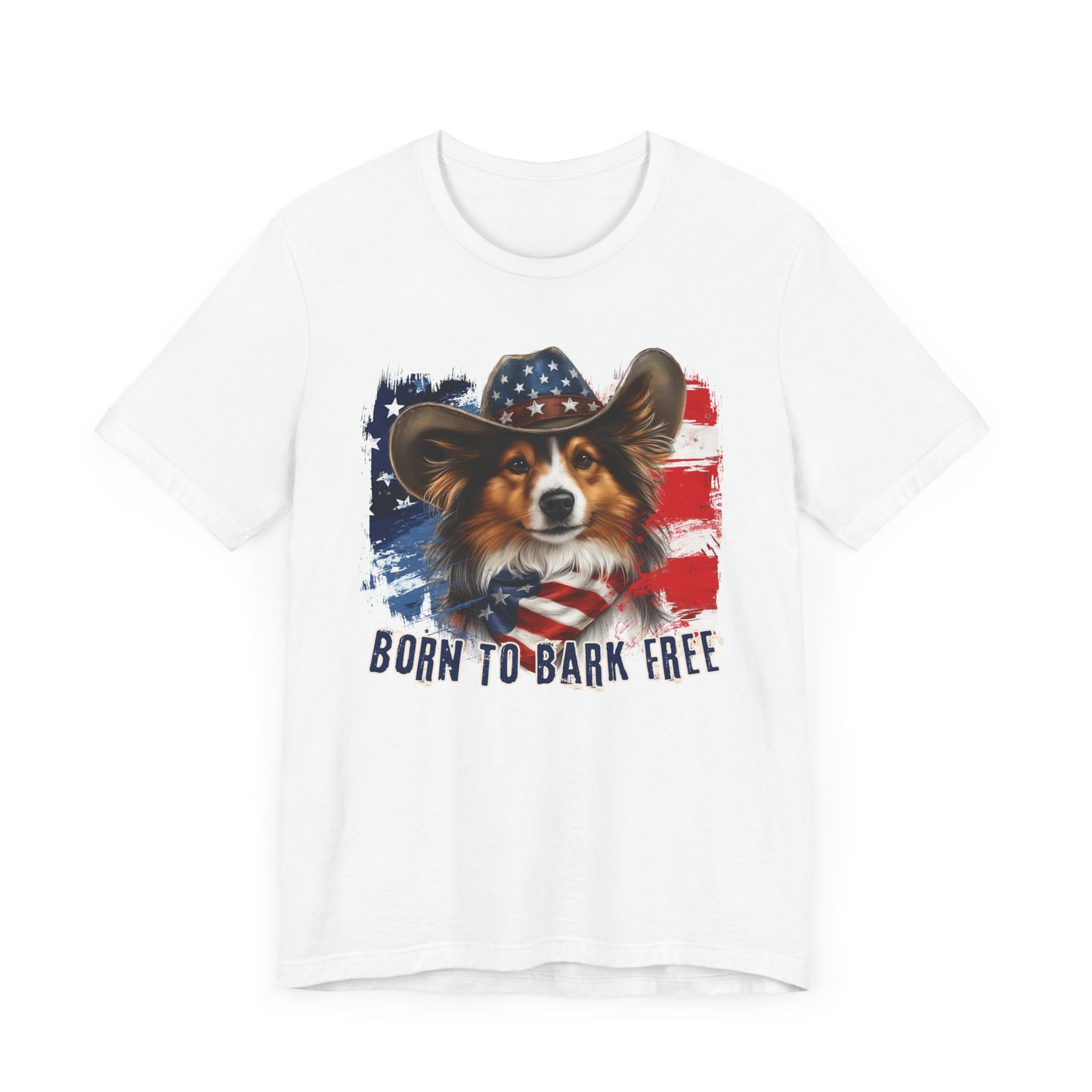 Sheltie Patriotic T-Shirt "Born to Bark Free" - Dog-Themed Patriotic Design
