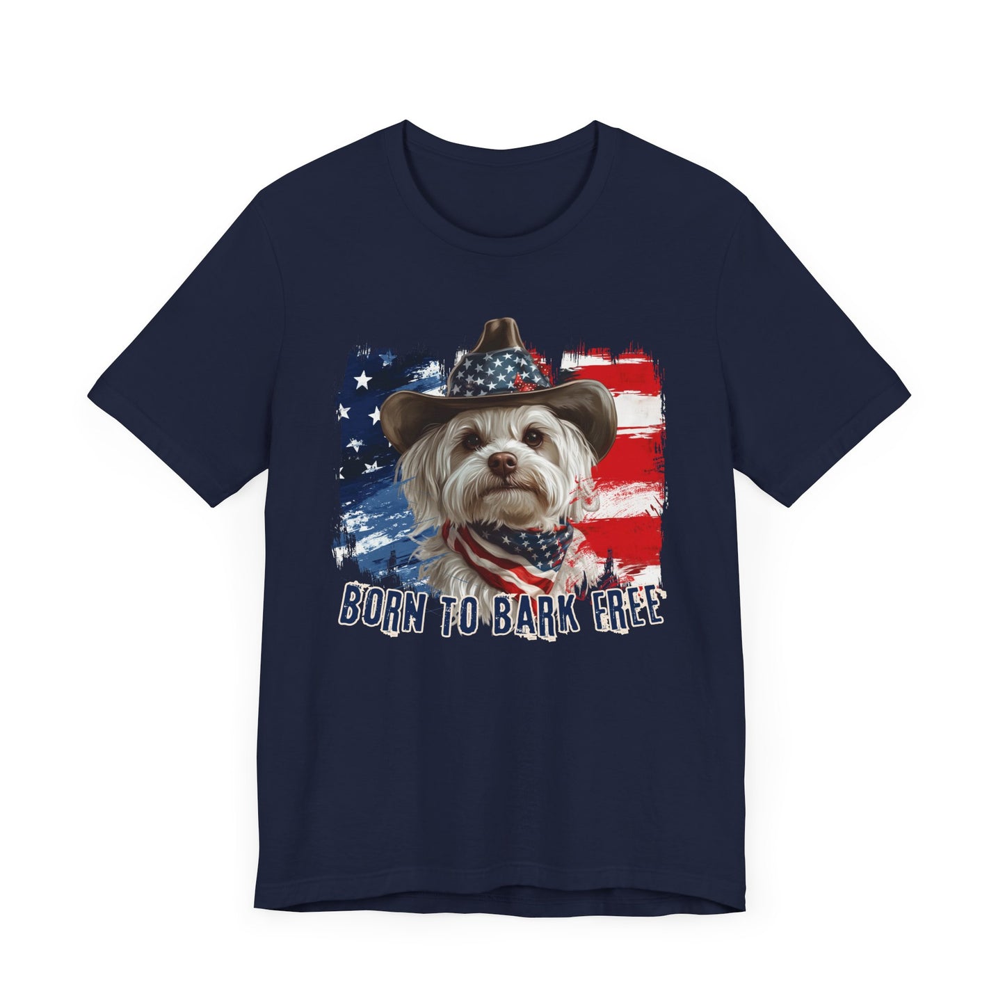 Maltese Patriotic T-Shirt "Born to Bark Free" - Dog-Themed Patriotic Design
