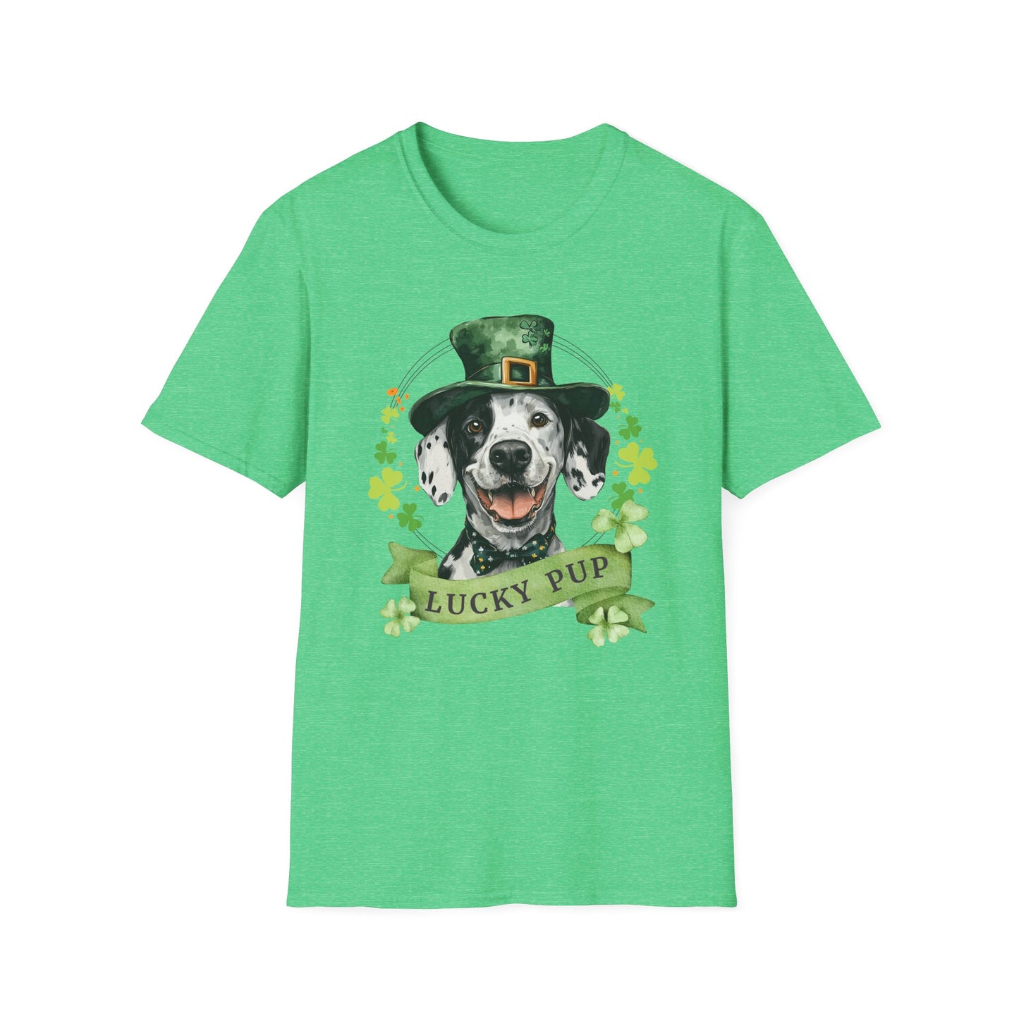 heather kelly green St. Patrick’s Day t-shirt featuring a Dalmatian lucky pup with a shamrock garland and festive Irish