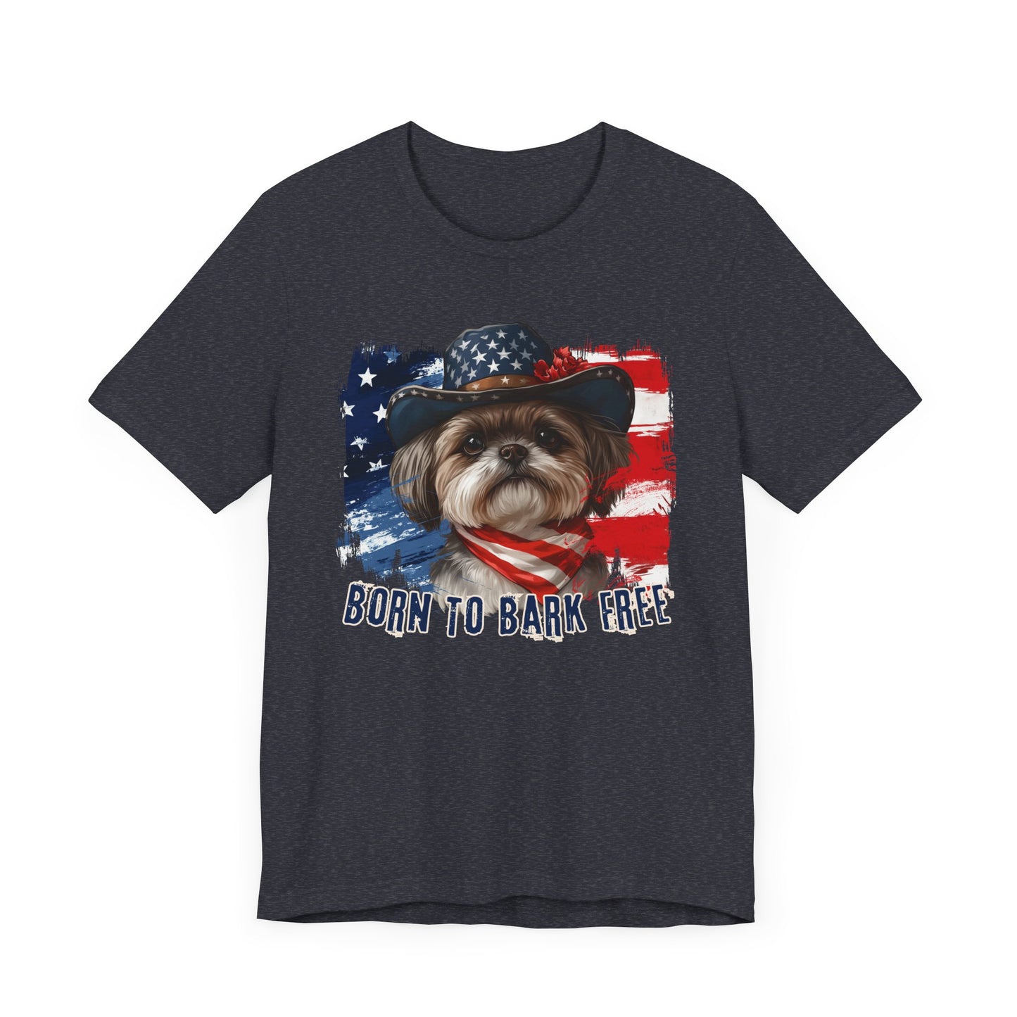 Shih Tzu Patriotic T-Shirt "Born to Bark Free" - Dog-Themed Patriotic Design
