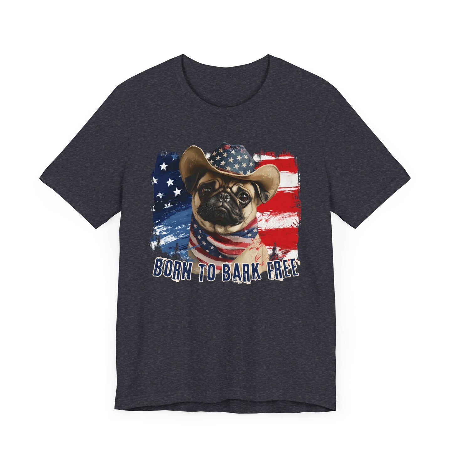 Pug Patriotic T-Shirt "Born to Bark Free" - Dog-Themed Patriotic Design