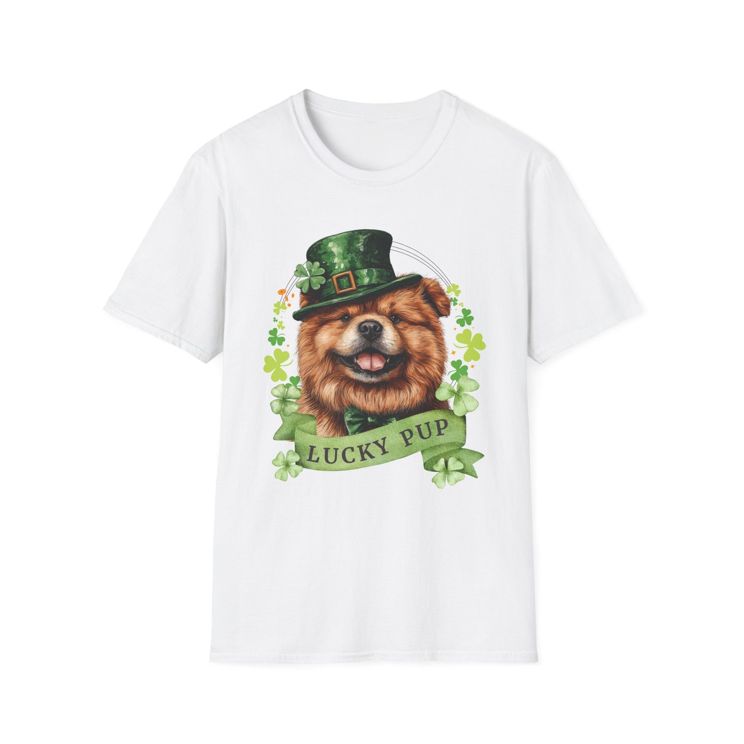 St. Patrick’s Day white t-shirt gift for dog lovers featuring a Chow Chow dog with a shamrock garland and festive Irish design