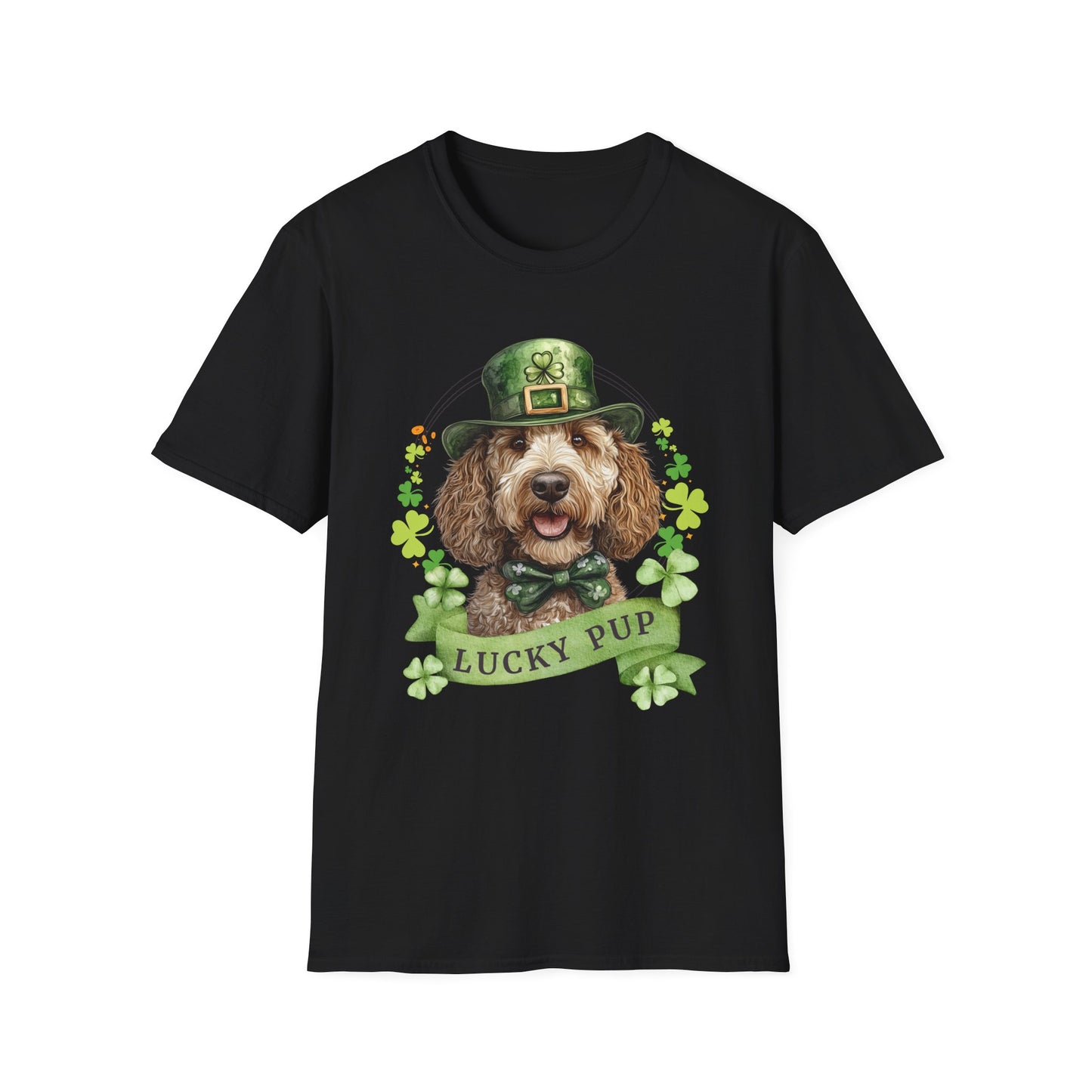 black St. Patrick’s Day t-shirt featuring a labradoodle dog with a shamrock garland and festive Irish design