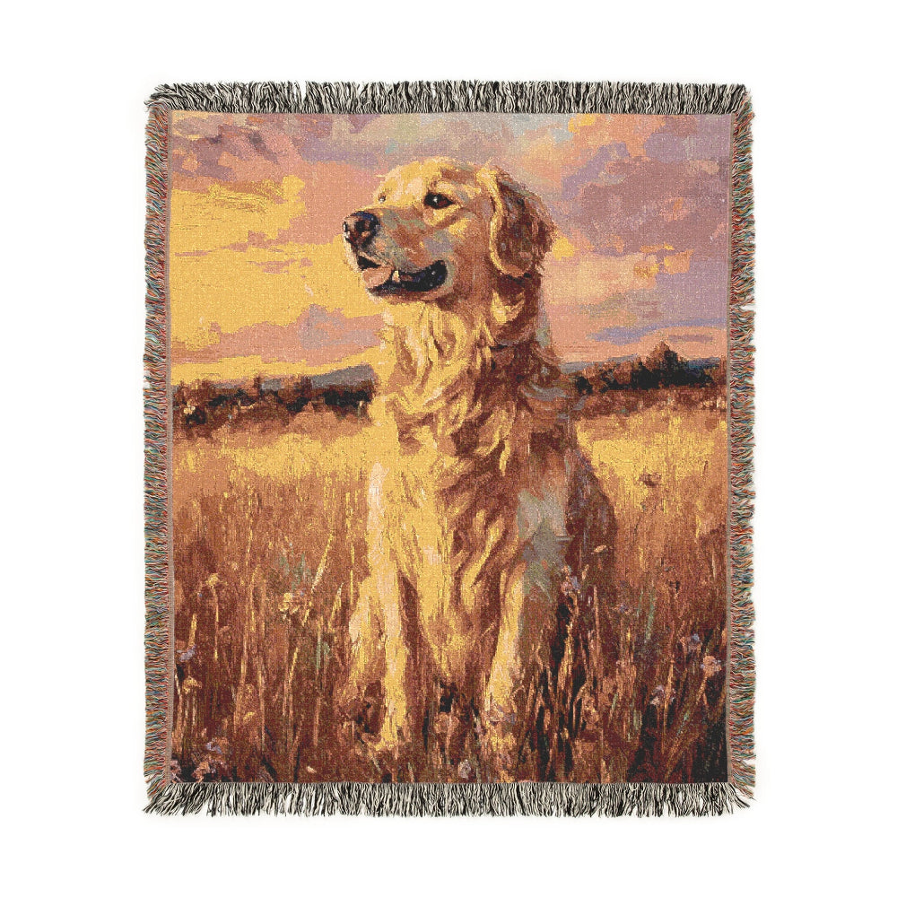 Golden Retriever in a Golden Sunset Field – Woven Blanket - Floral Dog Design for Home Comfort - Customization available