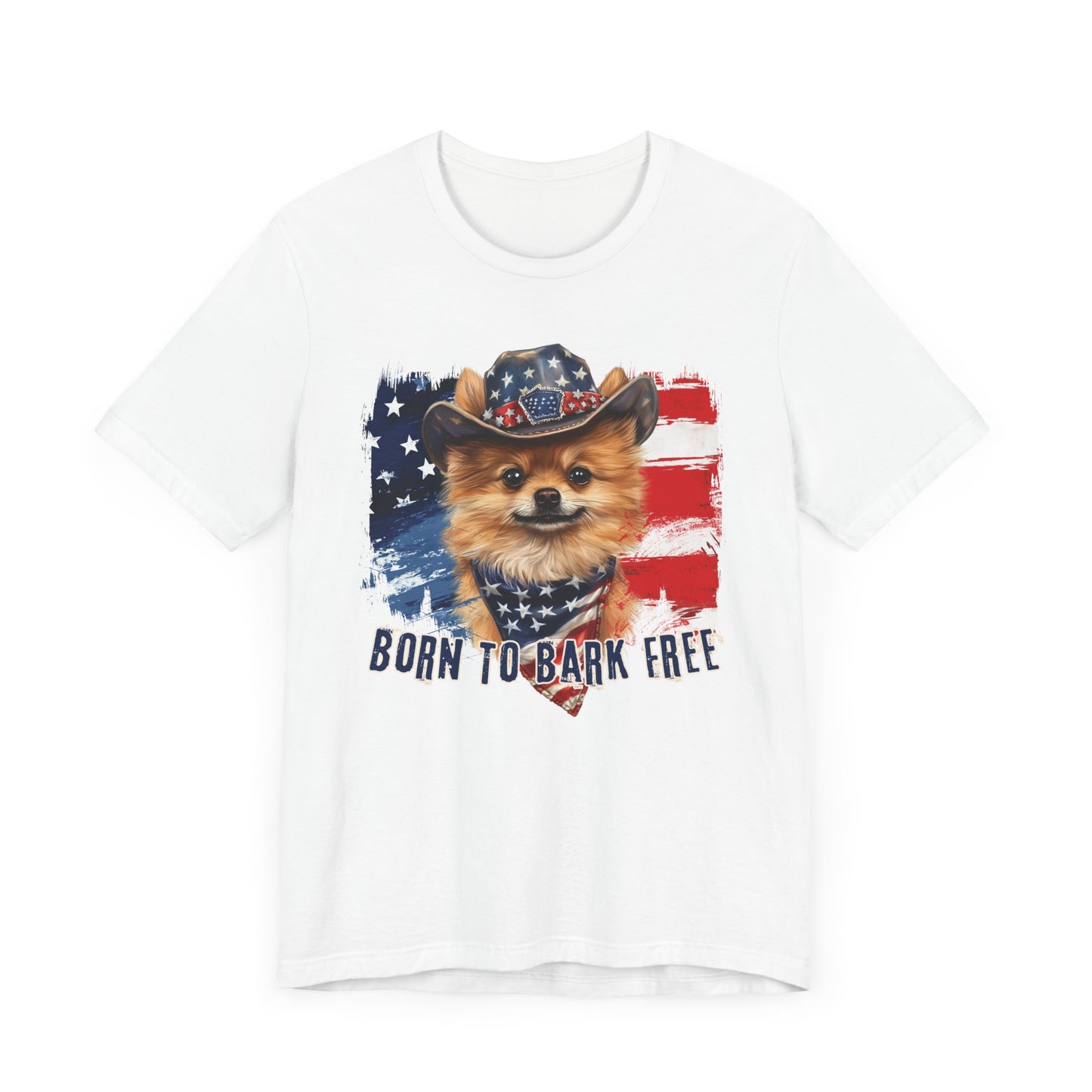 Pomeranian Patriotic T-Shirt "Born to Bark Free" - Dog-Themed Patriotic Design