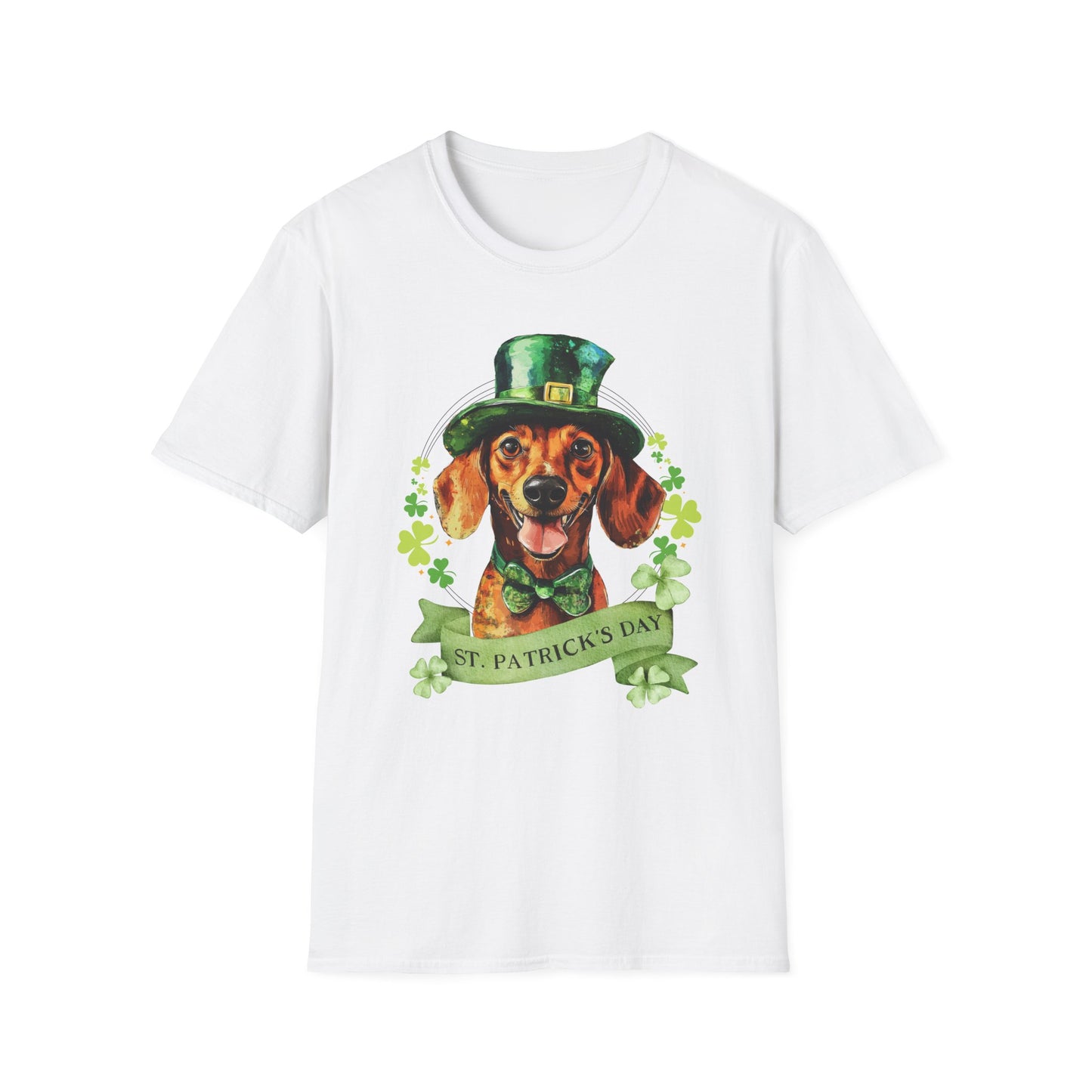 St. Patrick’s Day t-shirt featuring a Dachshund dog with a shamrock garland and festive Irish design