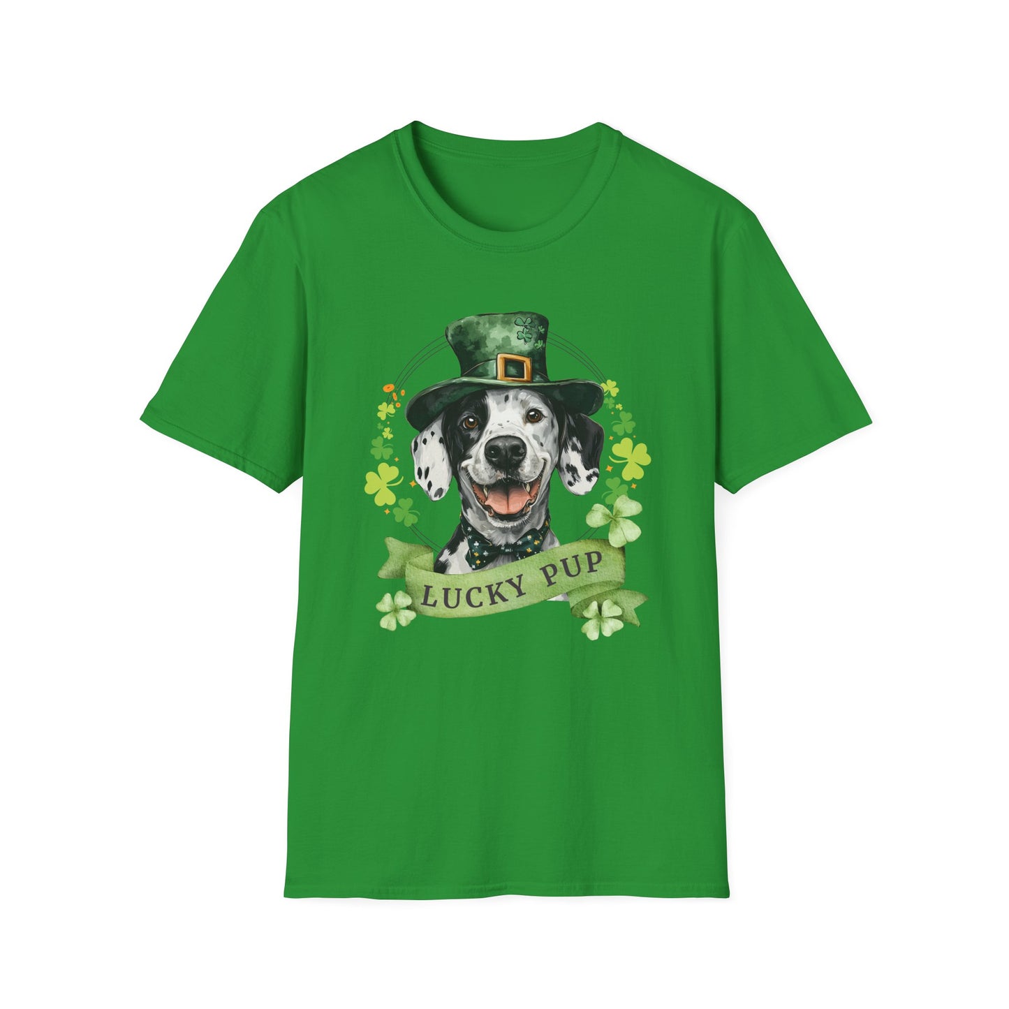 irish green St. Patrick’s Day t-shirt featuring a Dalmatian lucky pup with a shamrock garland and festive Irish