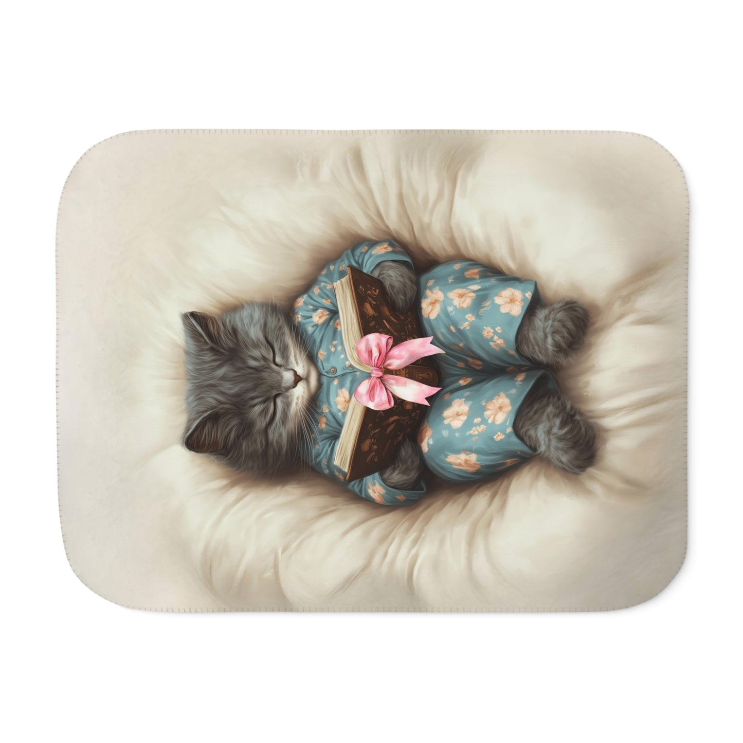 Comfort Zone - Personalized Grey Cat Reading Blanket, Vertical Design – Custom Sherpa Throw, Beige