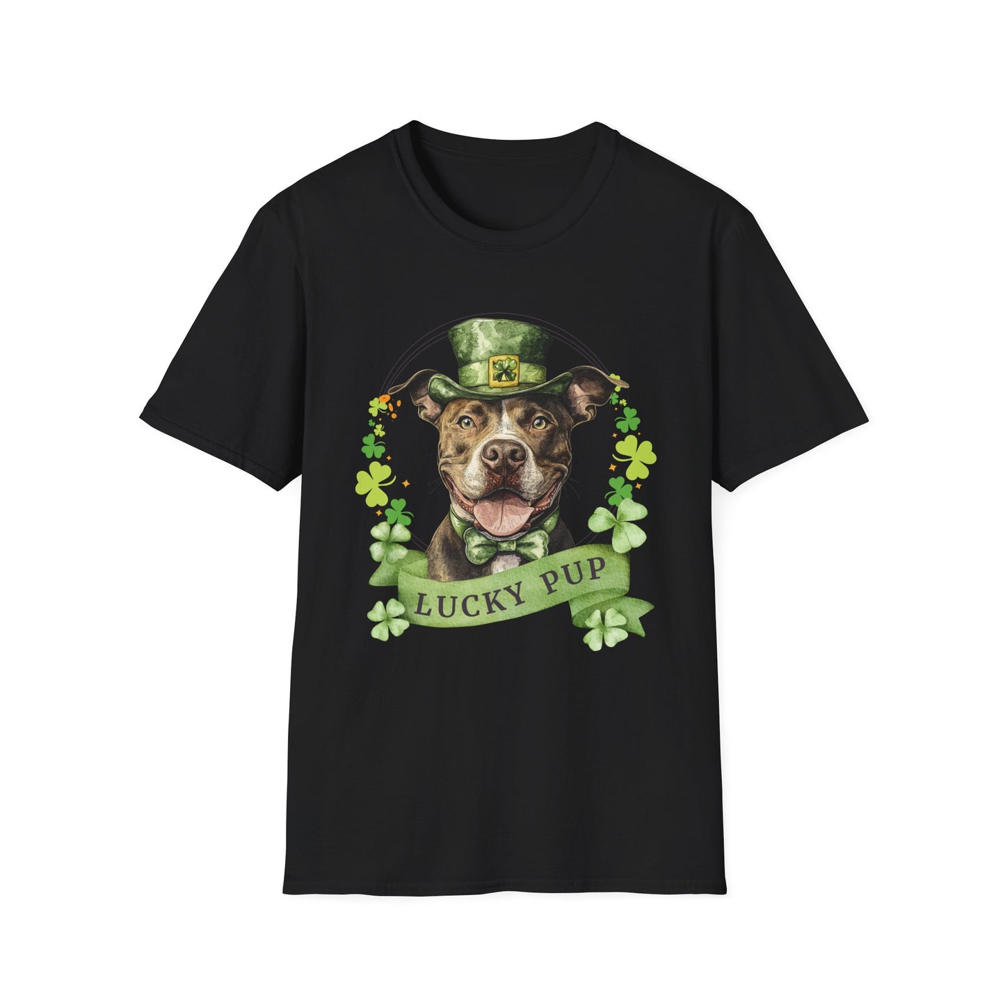 Black cotton St. Patrick’s Day tee for dog moms and dads, featuring a Pit Bull dog design