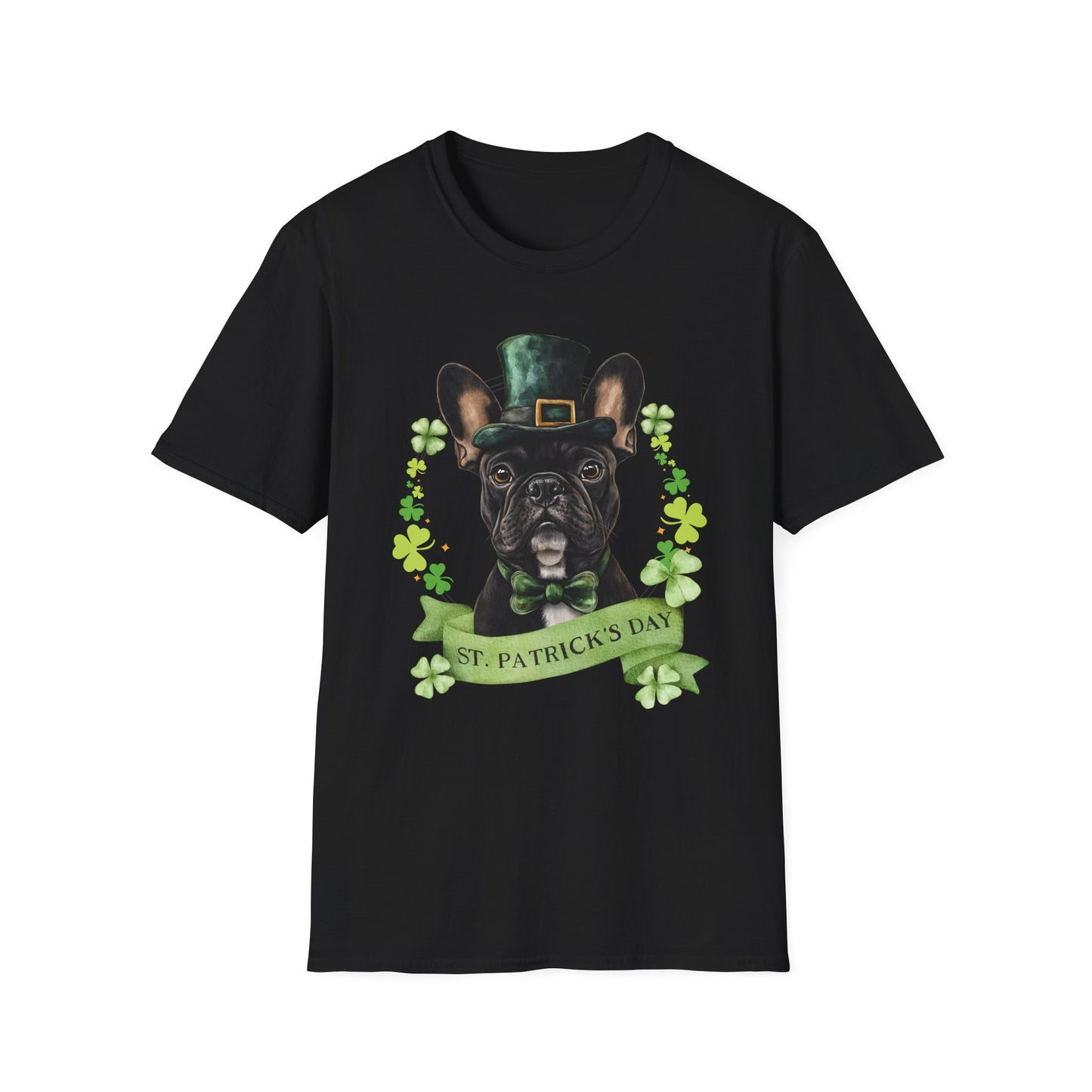 black St. Patrick’s Day t-shirt featuring French Bulldog with a shamrock garland and festive Irish design
