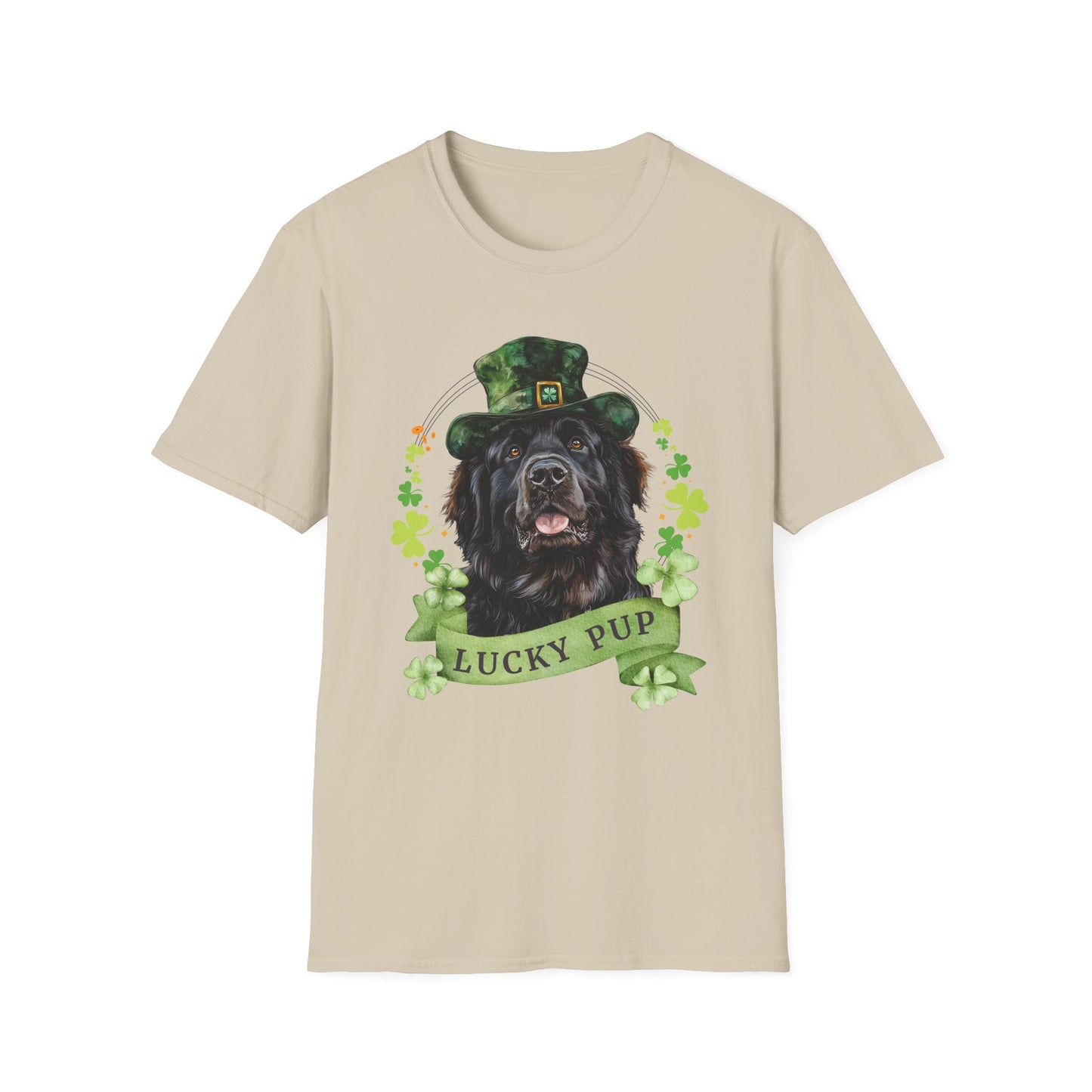 St. Patrick’s Day newfoundland dog sand t-shirt with a lucky shamrock print, great for dog lovers